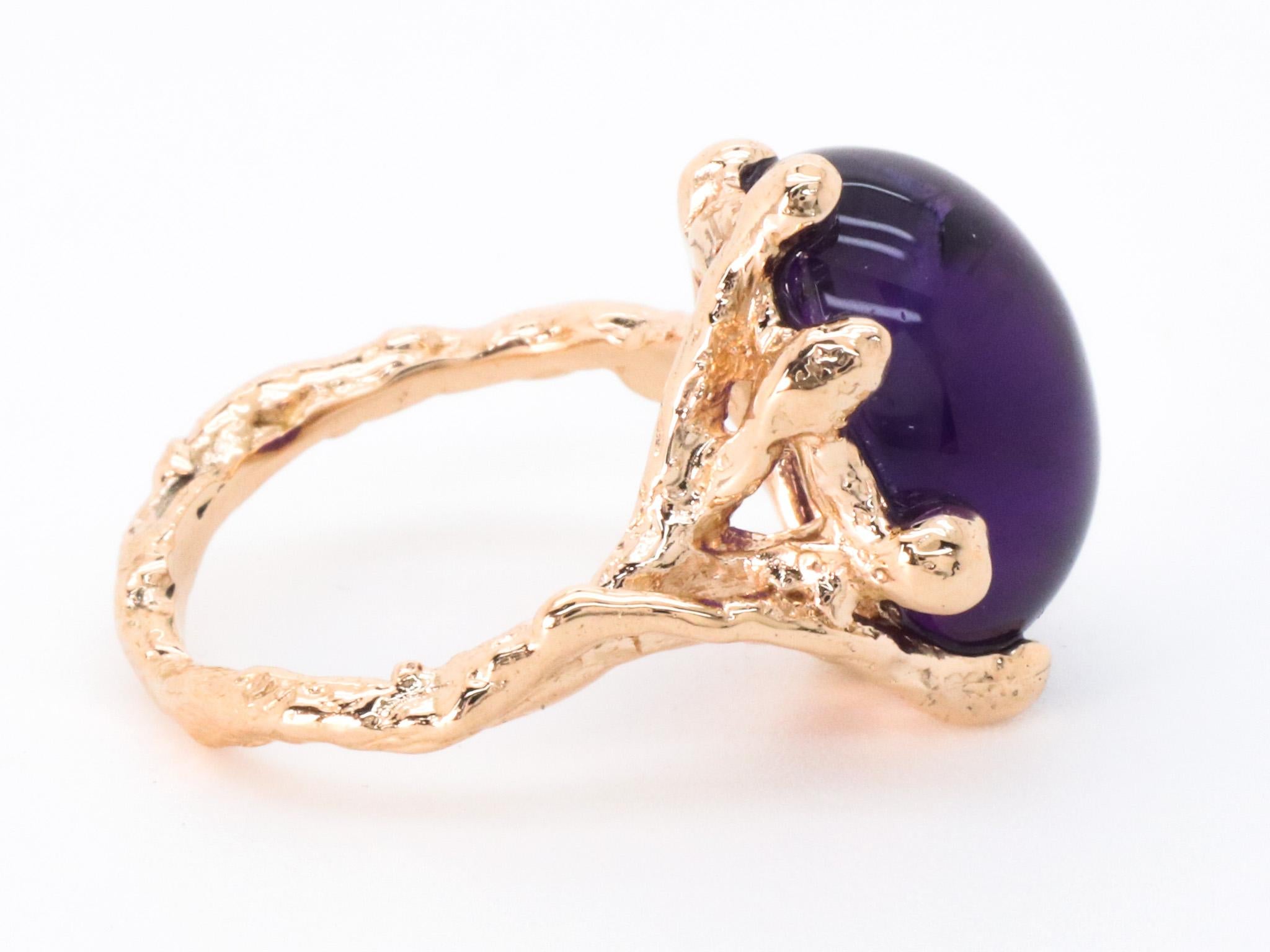 Amethyst Rose Gold Made in Italy Brutalist Asymmetrical Bold Cocktail Ring For Sale 6