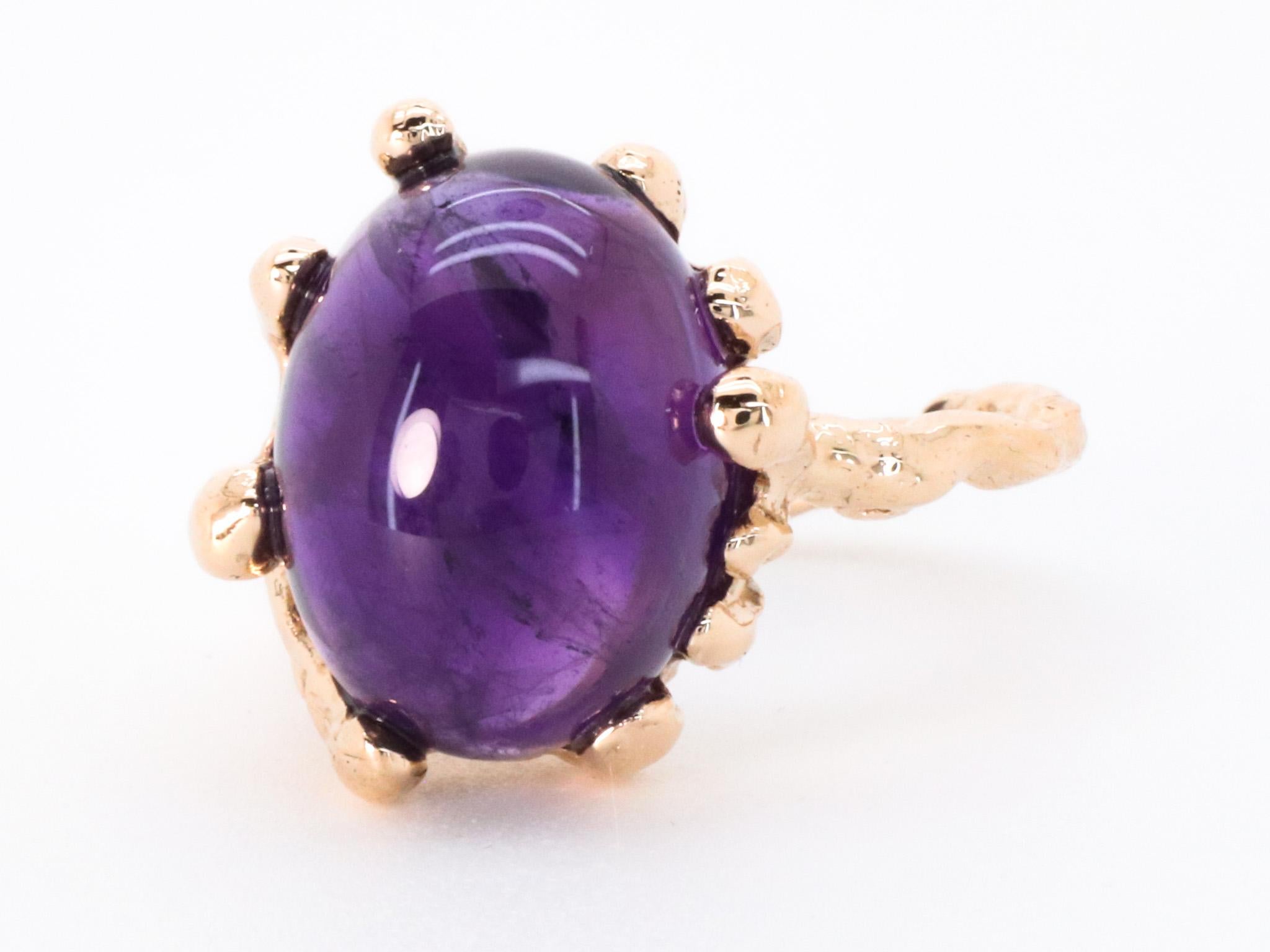 Cabochon Amethyst Rose Gold Made in Italy Brutalist Asymmetrical Bold Cocktail Ring For Sale