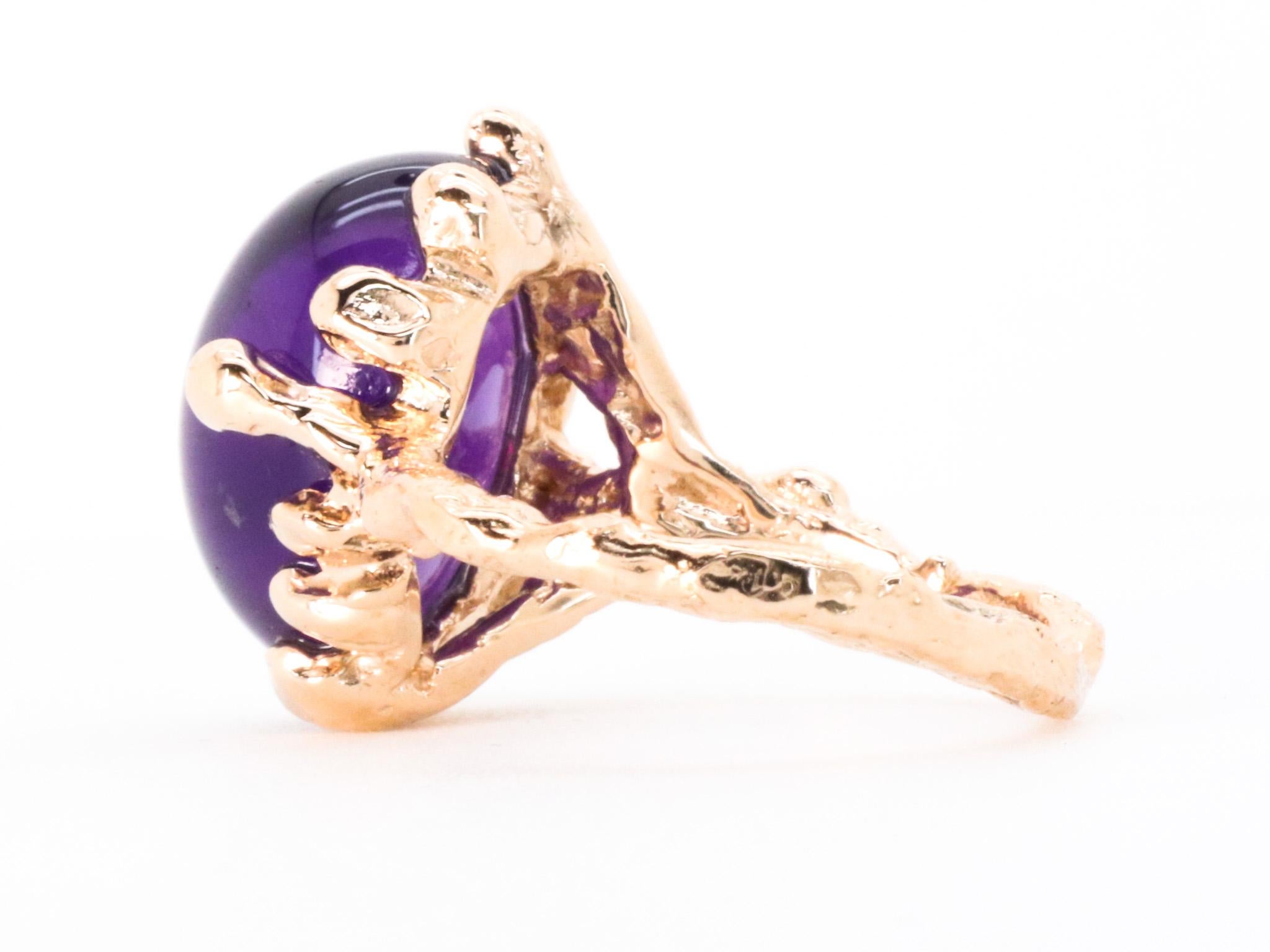 Women's or Men's Amethyst Rose Gold Made in Italy Brutalist Asymmetrical Bold Cocktail Ring For Sale