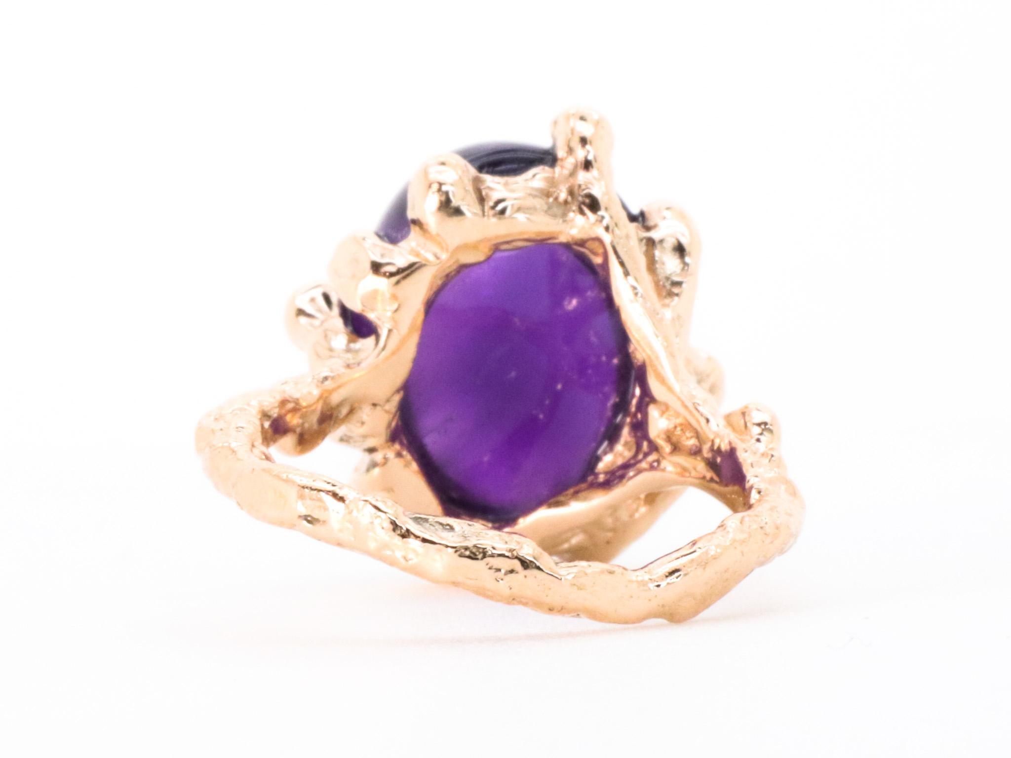 Amethyst Rose Gold Made in Italy Brutalist Asymmetrical Bold Cocktail Ring For Sale 1