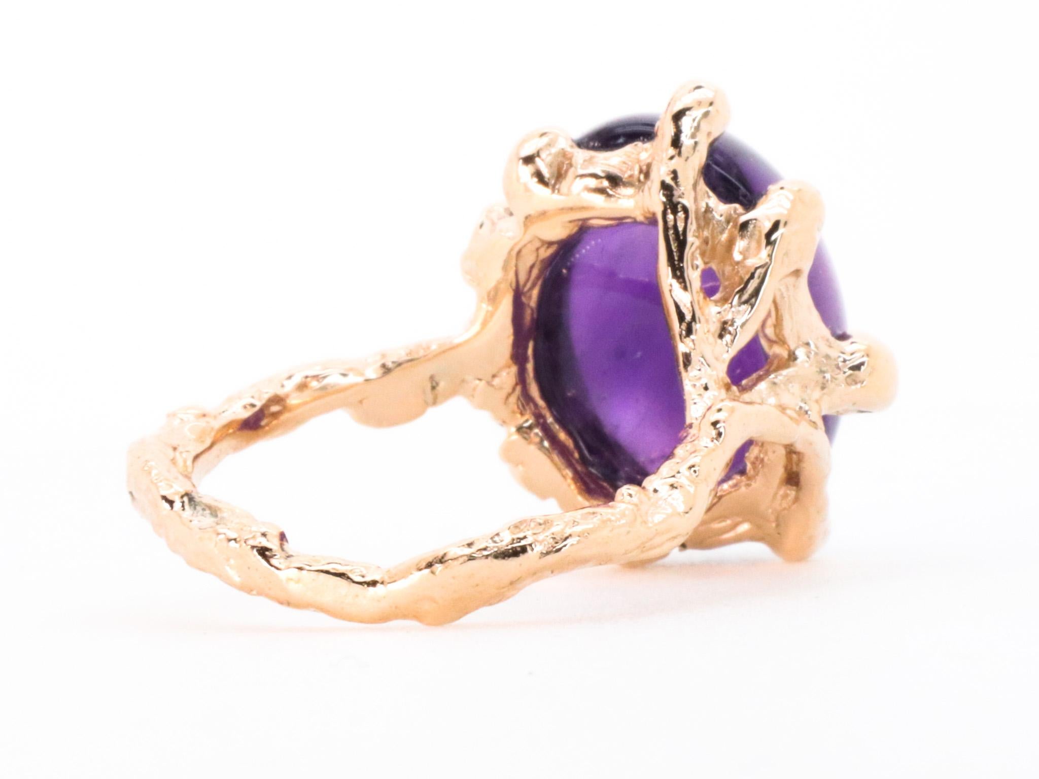 Amethyst Rose Gold Made in Italy Brutalist Asymmetrical Bold Cocktail Ring For Sale 2