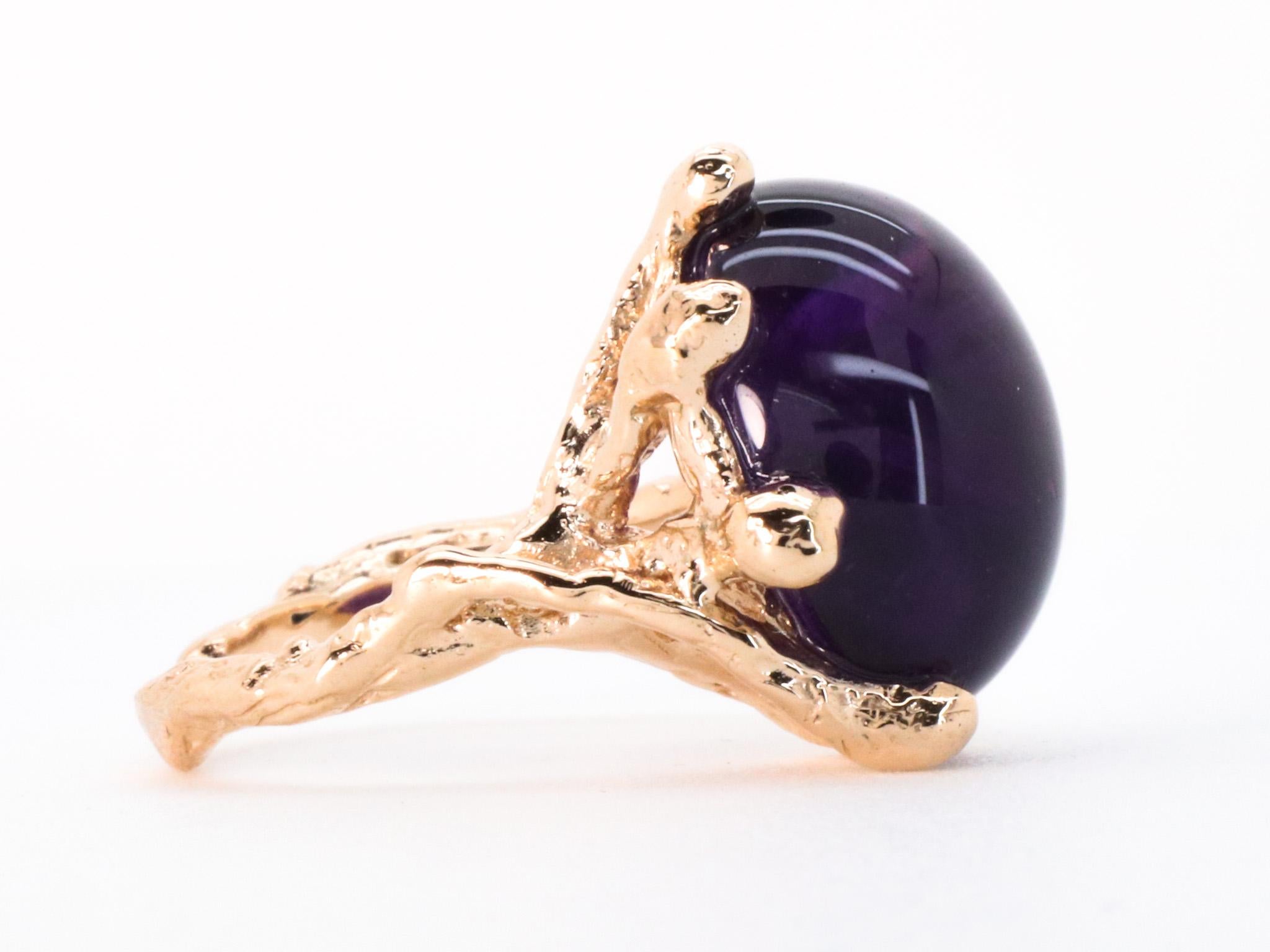 Amethyst Rose Gold Made in Italy Brutalist Asymmetrical Bold Cocktail Ring For Sale 3
