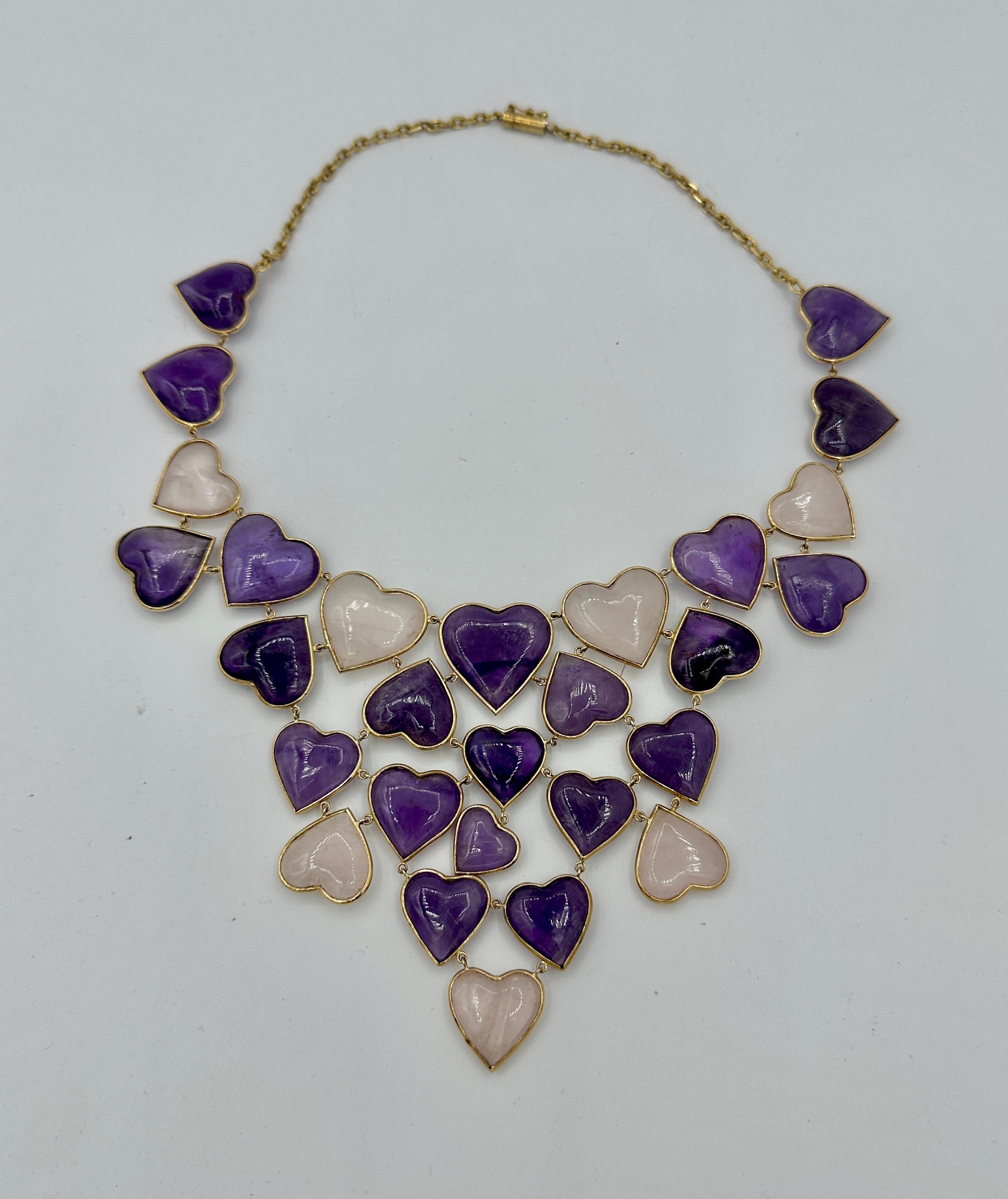 Collana e orecchini con cuore di ametista e quarzo rosa in oro 14 carati Ms. Daves Estate in vendita 4