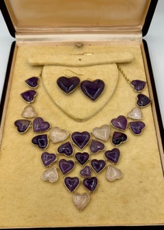 Collar y Pendientes Corazón Amatista Cuarzo Rosa Oro de 14 Kilates Sra. Daves Estate
