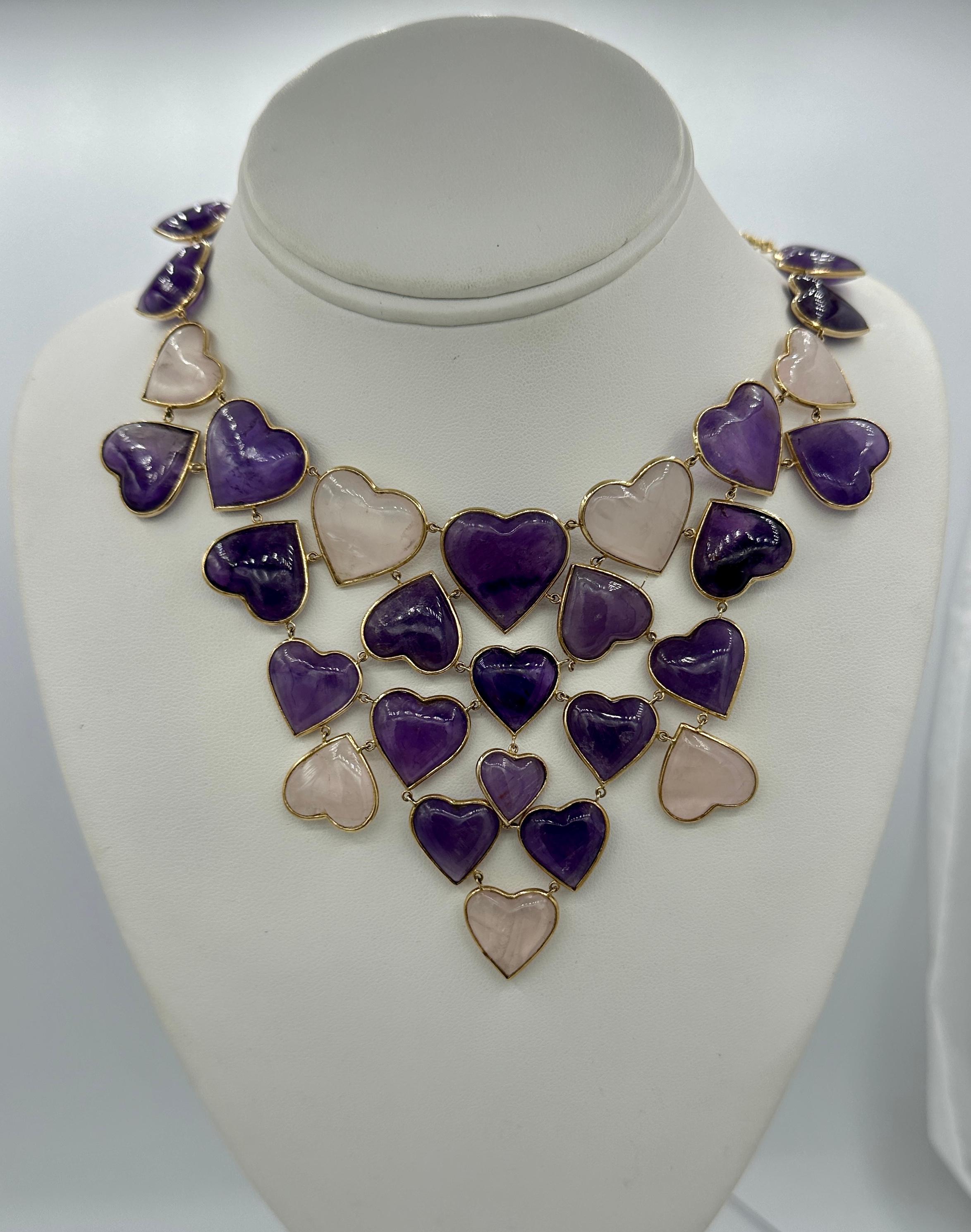 Modern Amethyst Rose Quartz Heart Necklace and Earrings 14 Karat Gold Ms. Daves Estate For Sale