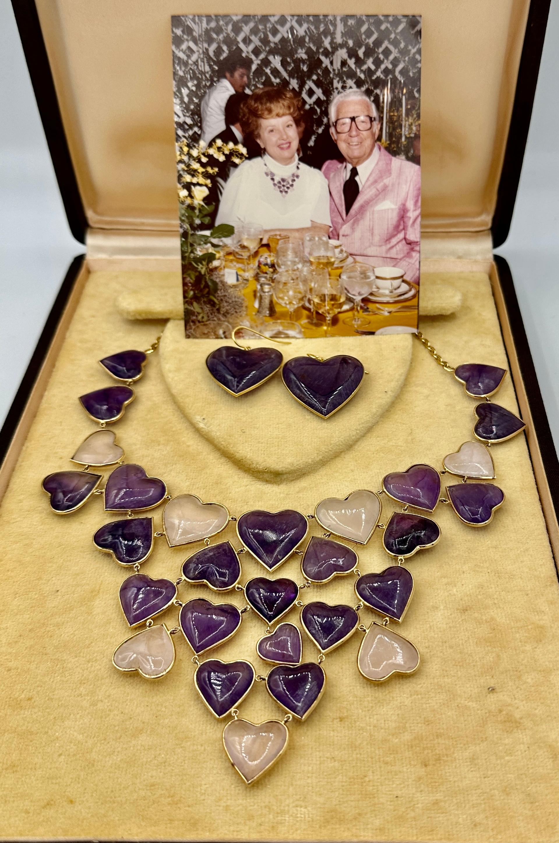 Amethyst Rose Quartz Heart Necklace and Earrings 14 Karat Gold Ms. Daves Estate In Excellent Condition For Sale In New York, NY