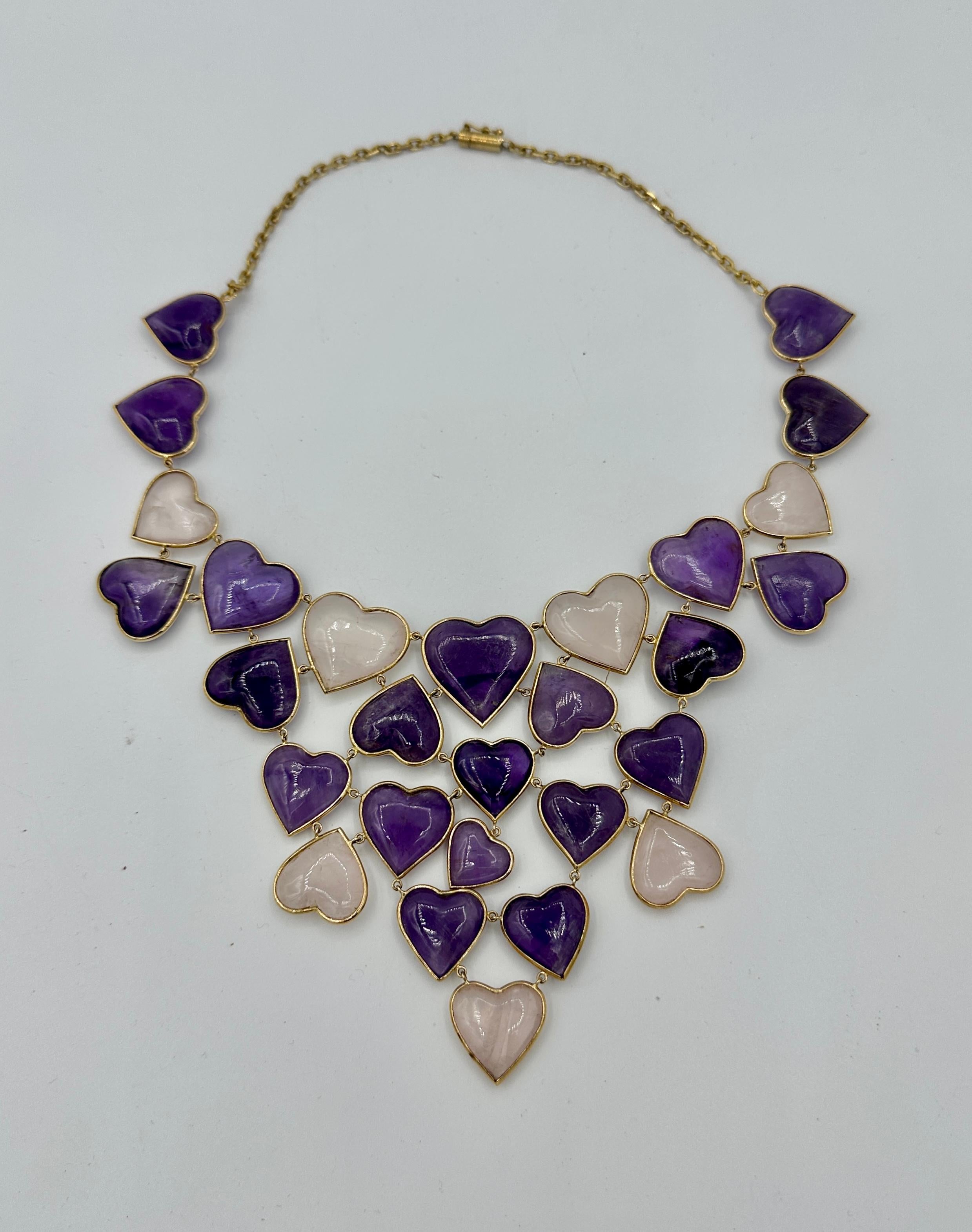 Women's Amethyst Rose Quartz Heart Necklace and Earrings 14 Karat Gold Ms. Daves Estate For Sale