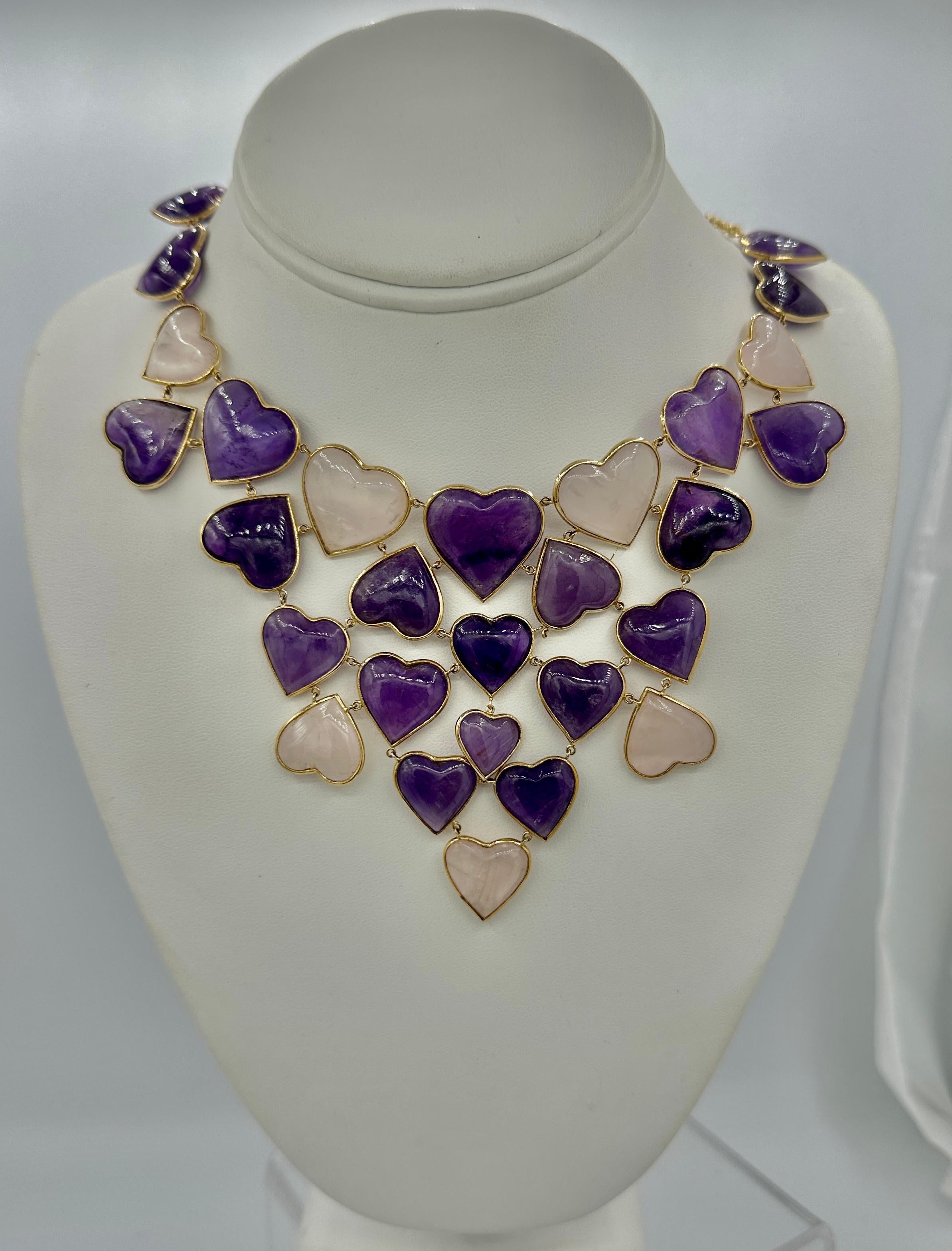 Amethyst Rose Quartz Heart Necklace and Earrings 14 Karat Gold Ms. Daves Estate For Sale 1