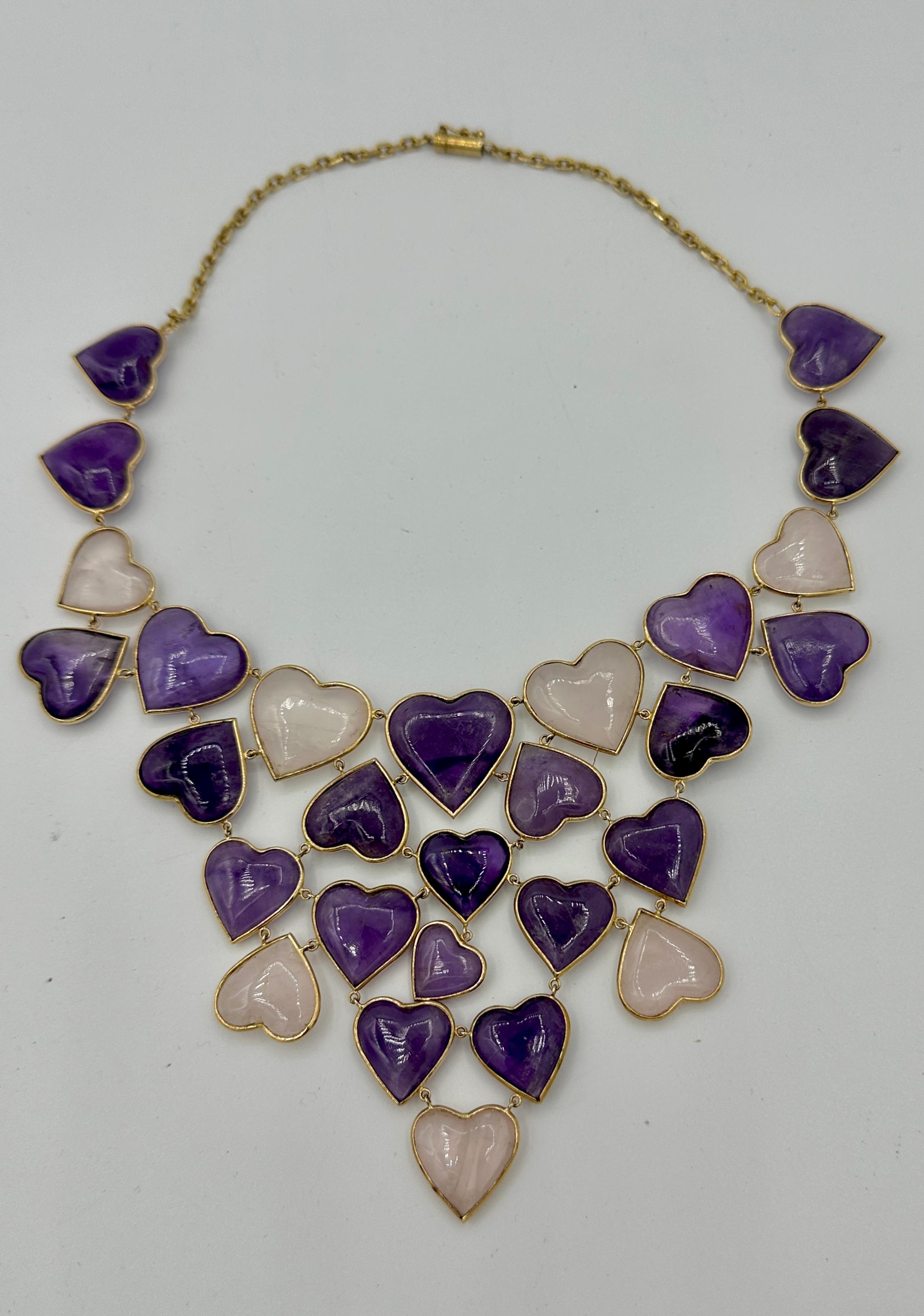 Amethyst Rose Quartz Heart Necklace and Earrings 14 Karat Gold Ms. Daves Estate For Sale 3