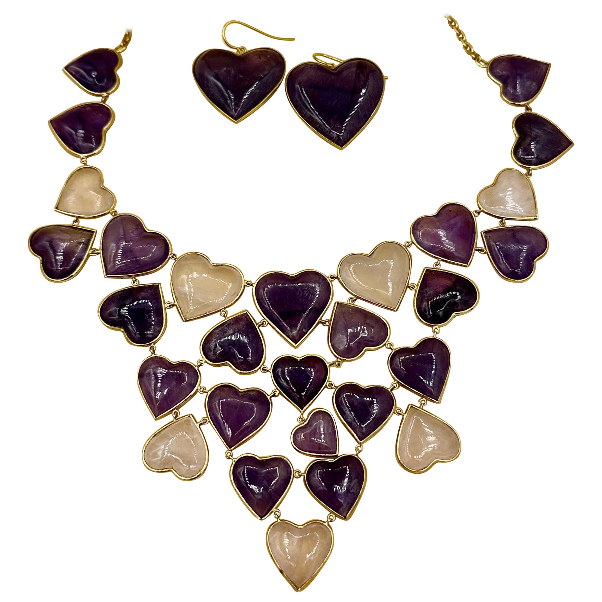 Amethyst Rose Quartz Herz Halskette und Ohrringe 14 Karat Gold Frau Daves Nachlass im Angebot