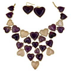 Amethyst Rose Quartz Heart Necklace and Earrings 14 Karat Gold Ms. Daves Estate