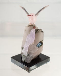Amethyst & Rose Quartz Hummingbird Pair on Tourmaline & Quartz Mineral Base