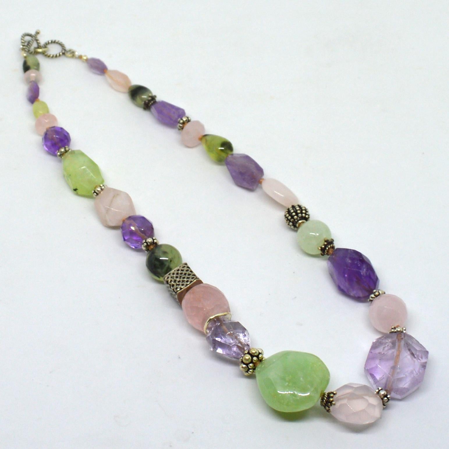 Amethyst Rose Quartz Prehnite Silver Necklace In New Condition For Sale In Sydney, AU