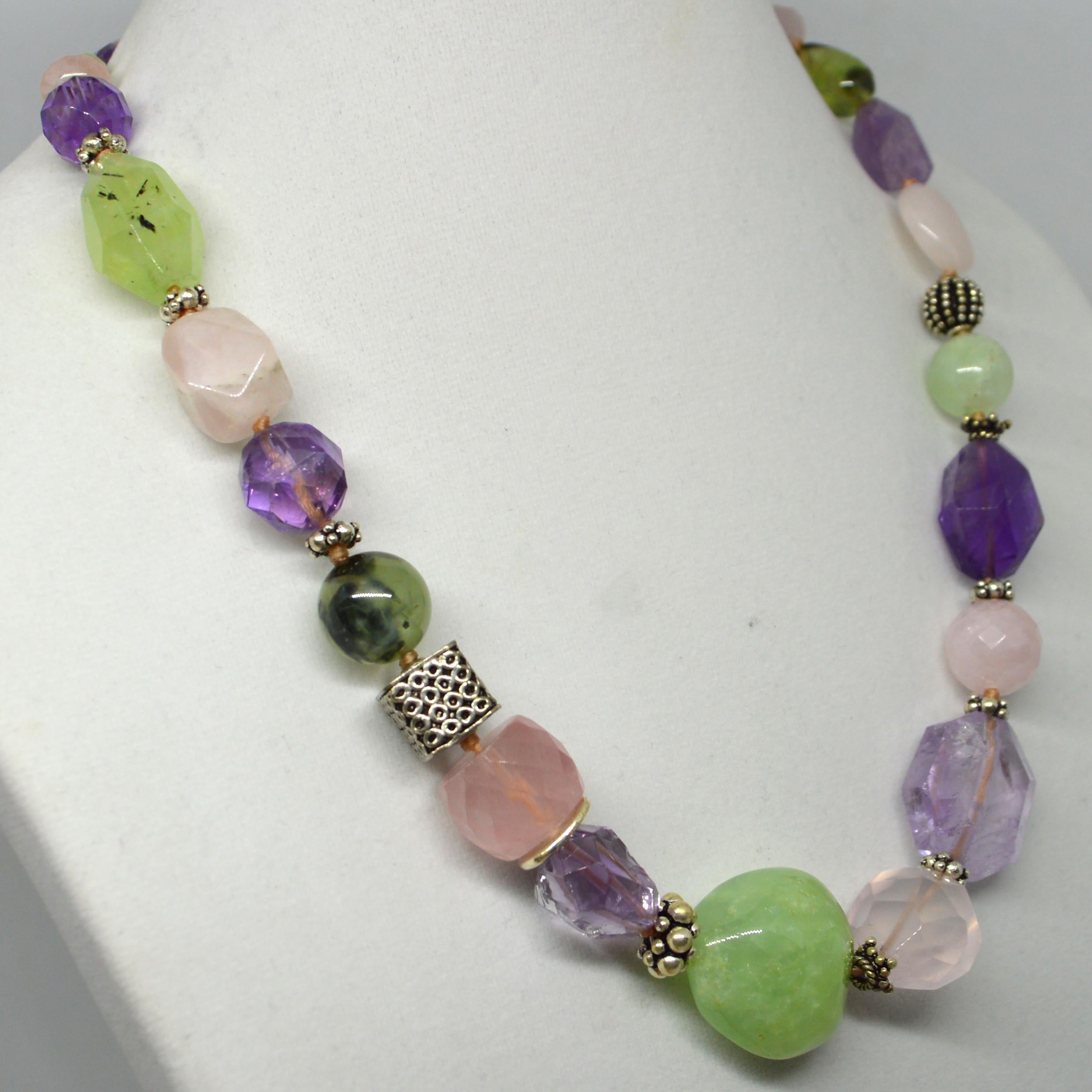 Women's Amethyst Rose Quartz Prehnite Silver Necklace For Sale