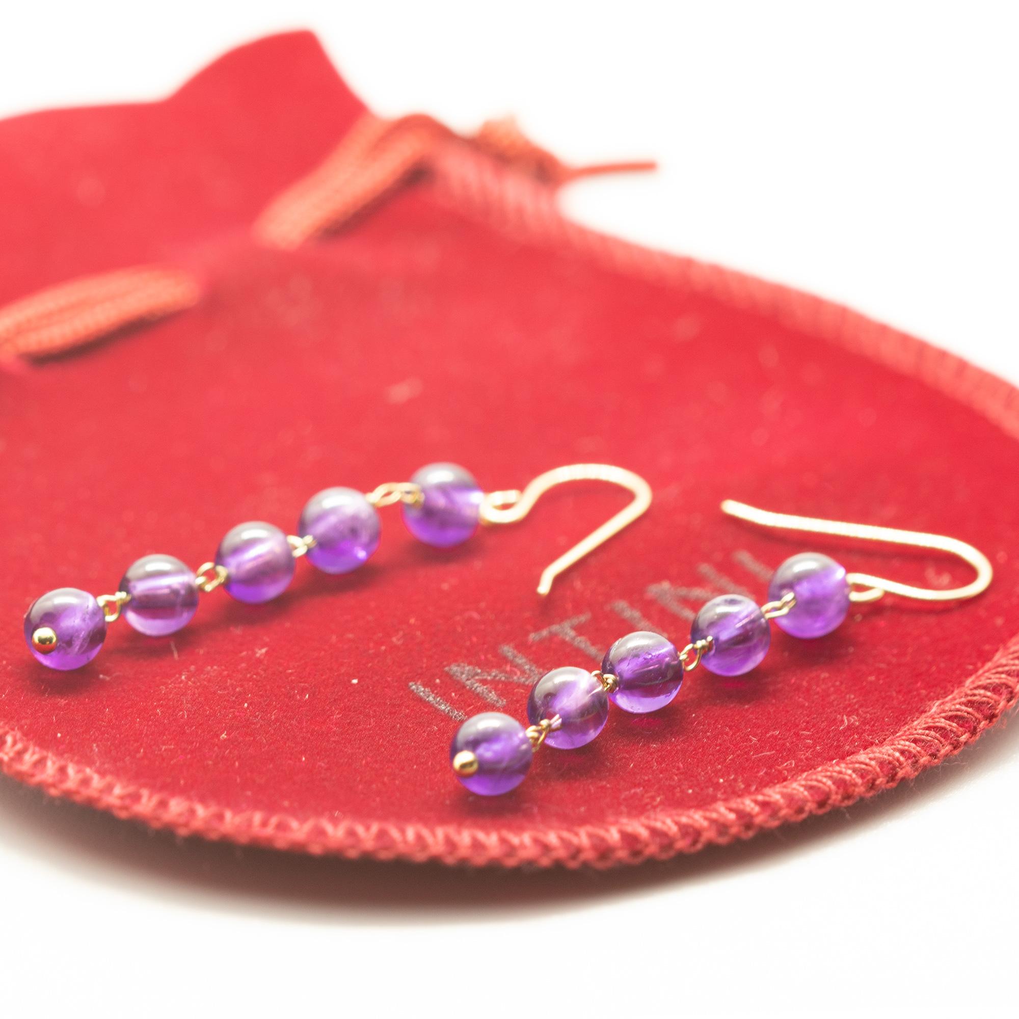 Round Cut Amethyst Round 18 Karat Yellow Gold Chain Handmade Long Dangle Purple Earrings For Sale