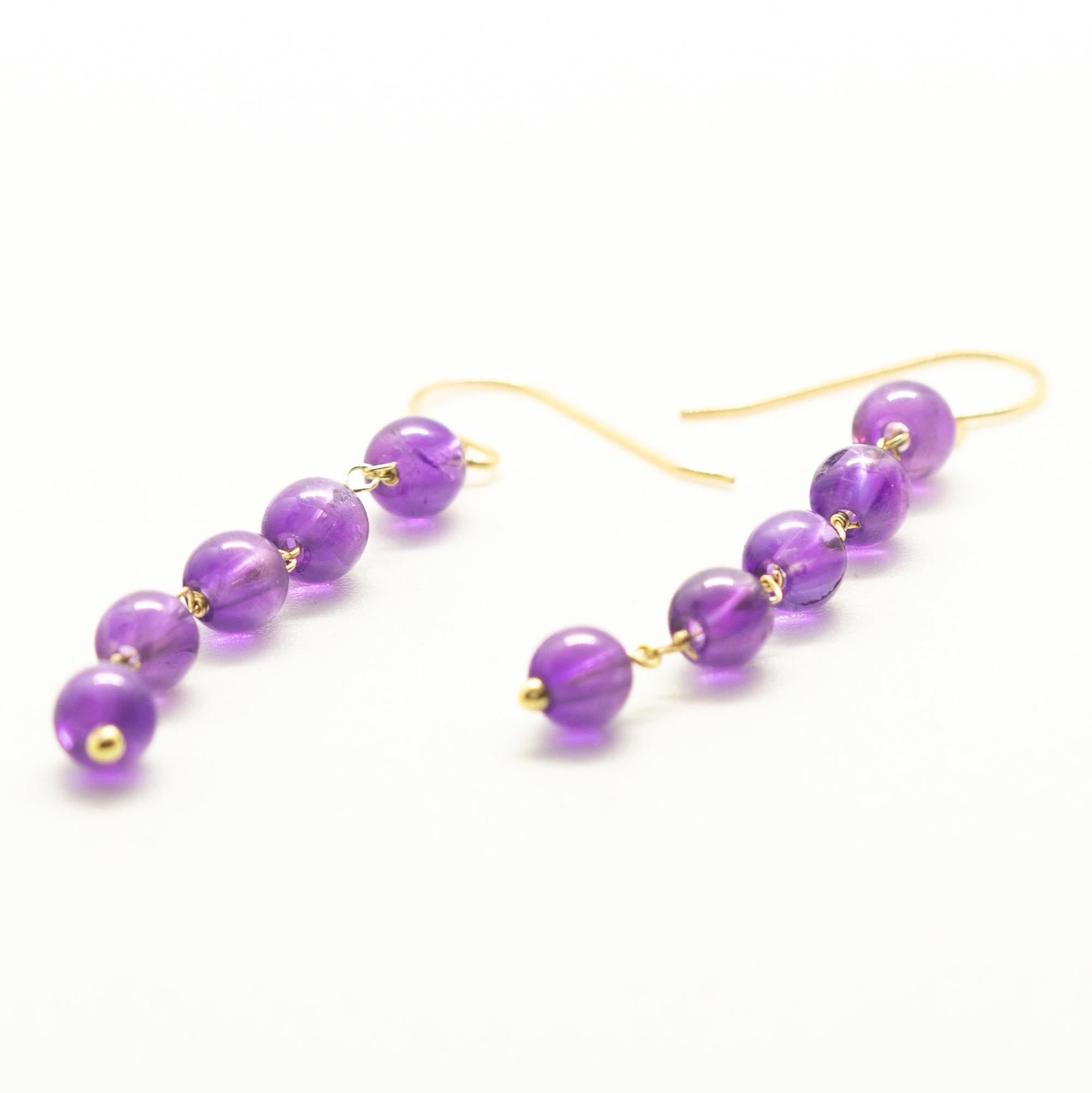 Art Nouveau Amethyst Round 18 Karat Yellow Gold Chain Handmade Long Dangle Purple Earrings For Sale