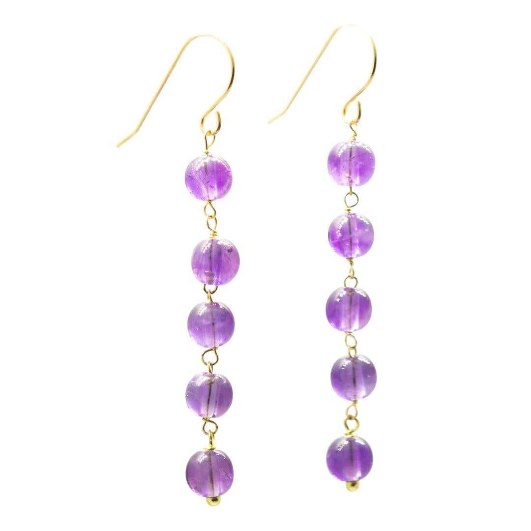 Women's Amethyst Round 18 Karat Yellow Gold Chain Handmade Long Dangle Purple Earrings For Sale