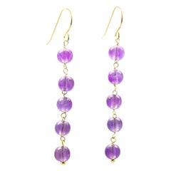 Orecchini tondi di ametista in oro giallo 18 carati con catena, fatti a mano e con pendenti lunghi di colore viola