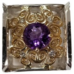 Runder 2,77 Karat Amethyst mit Diamanten 14 Karat Gelbgold und Silber Gresha