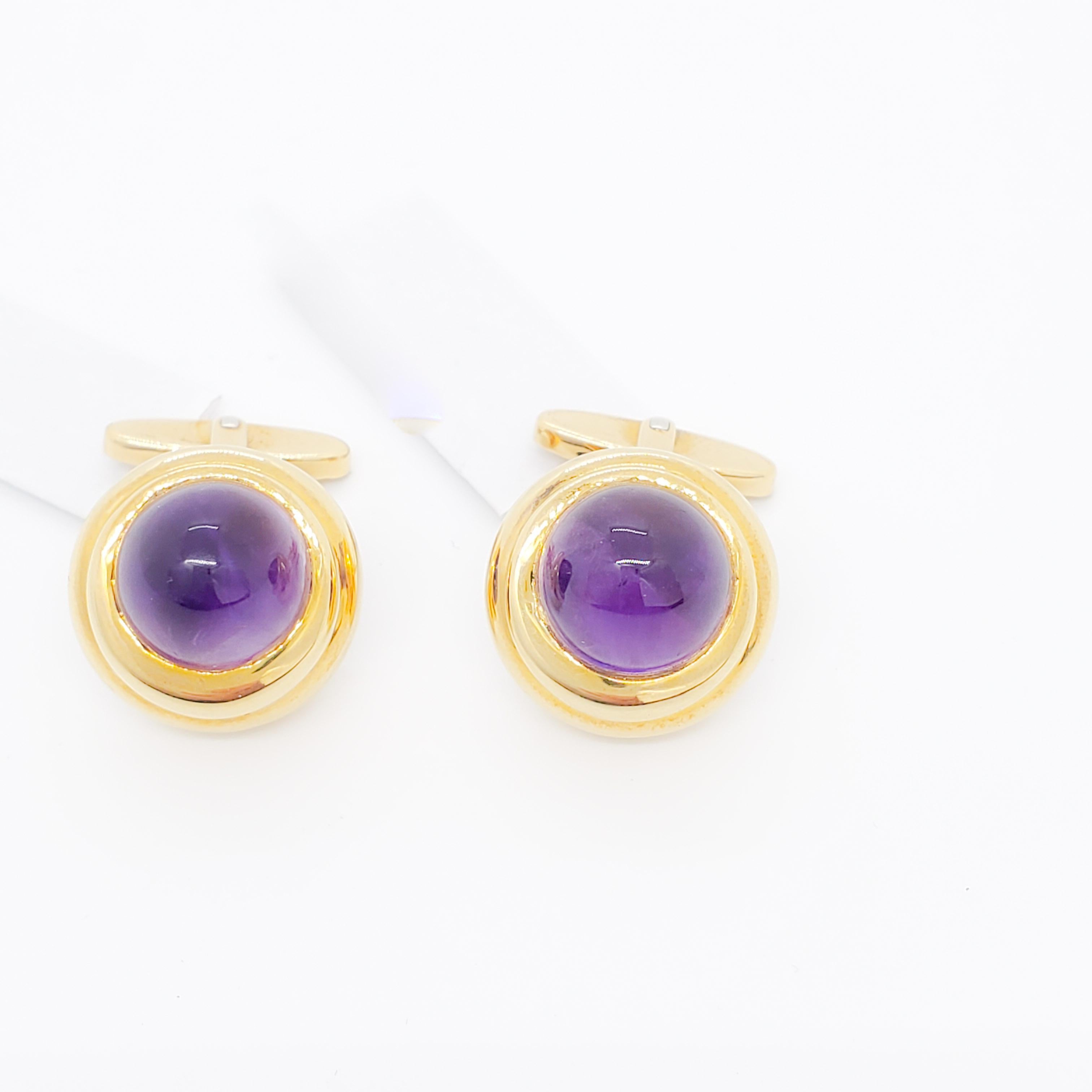 Beautiful 19.24 ct. amethyst cabochon rounds in handmade 18k yellow gold cufflinks.