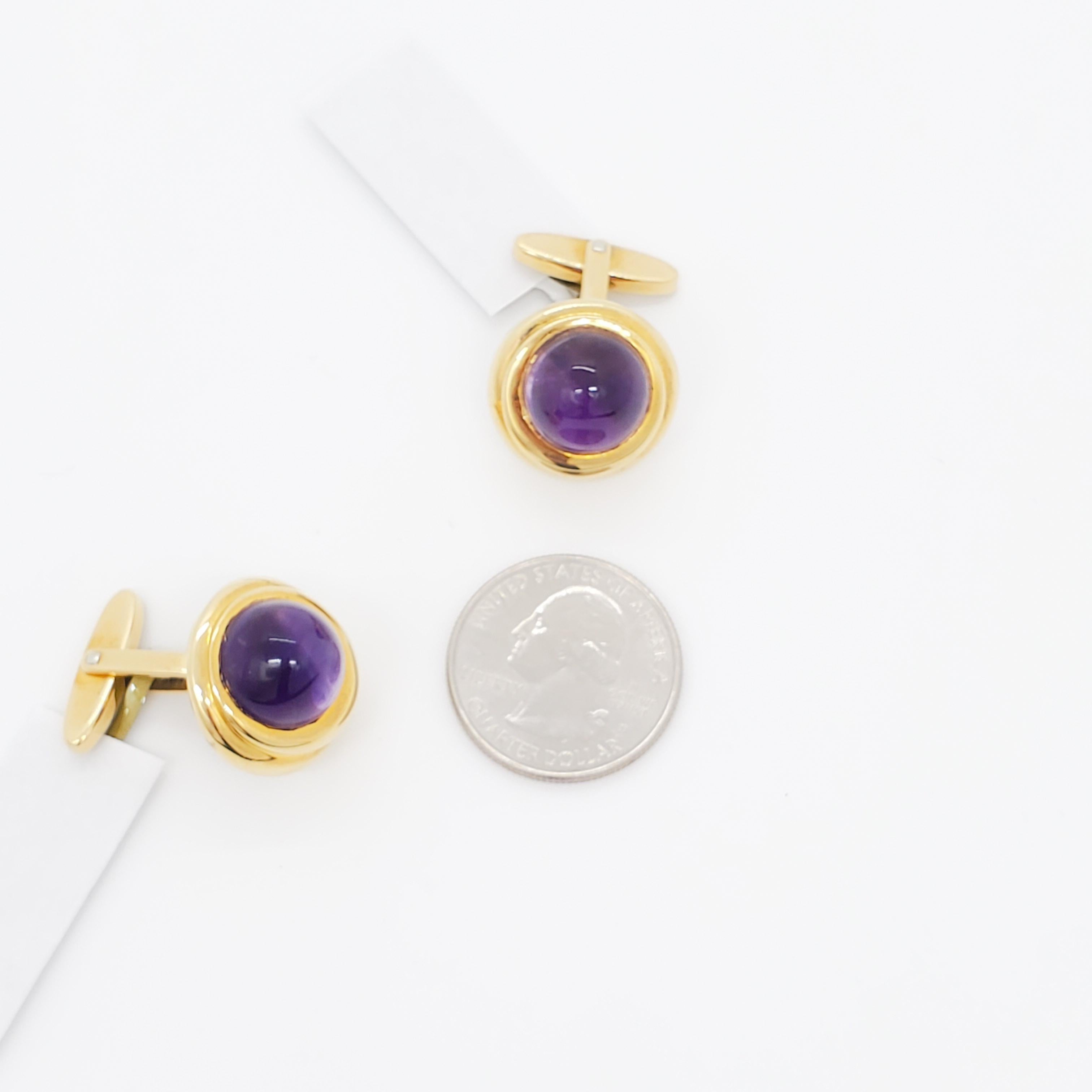Amethyst Round Cabochon Cufflinks in 18k Yellow Gold In New Condition For Sale In Los Angeles, CA