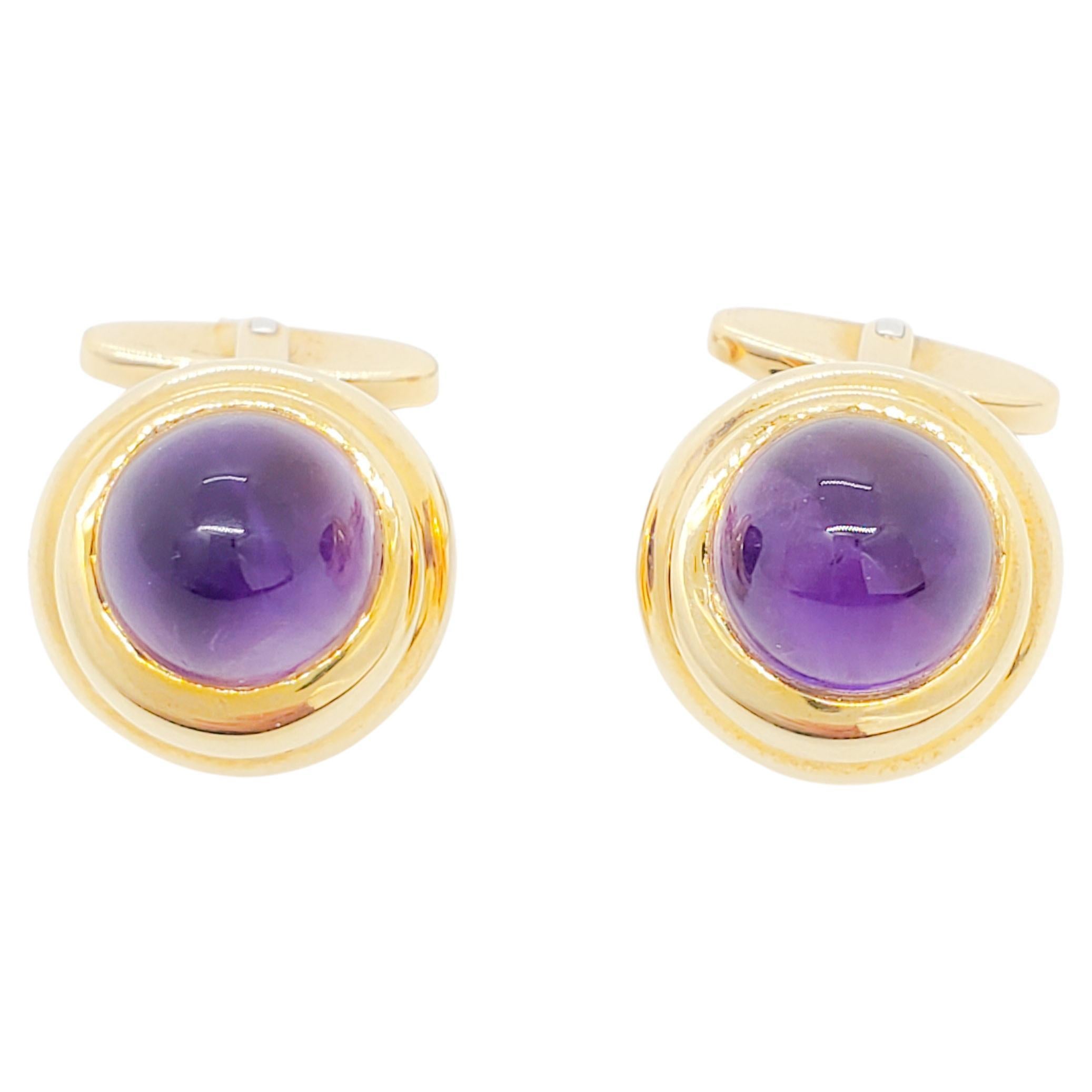 Amethyst Round Cabochon Cufflinks in 18k Yellow Gold For Sale