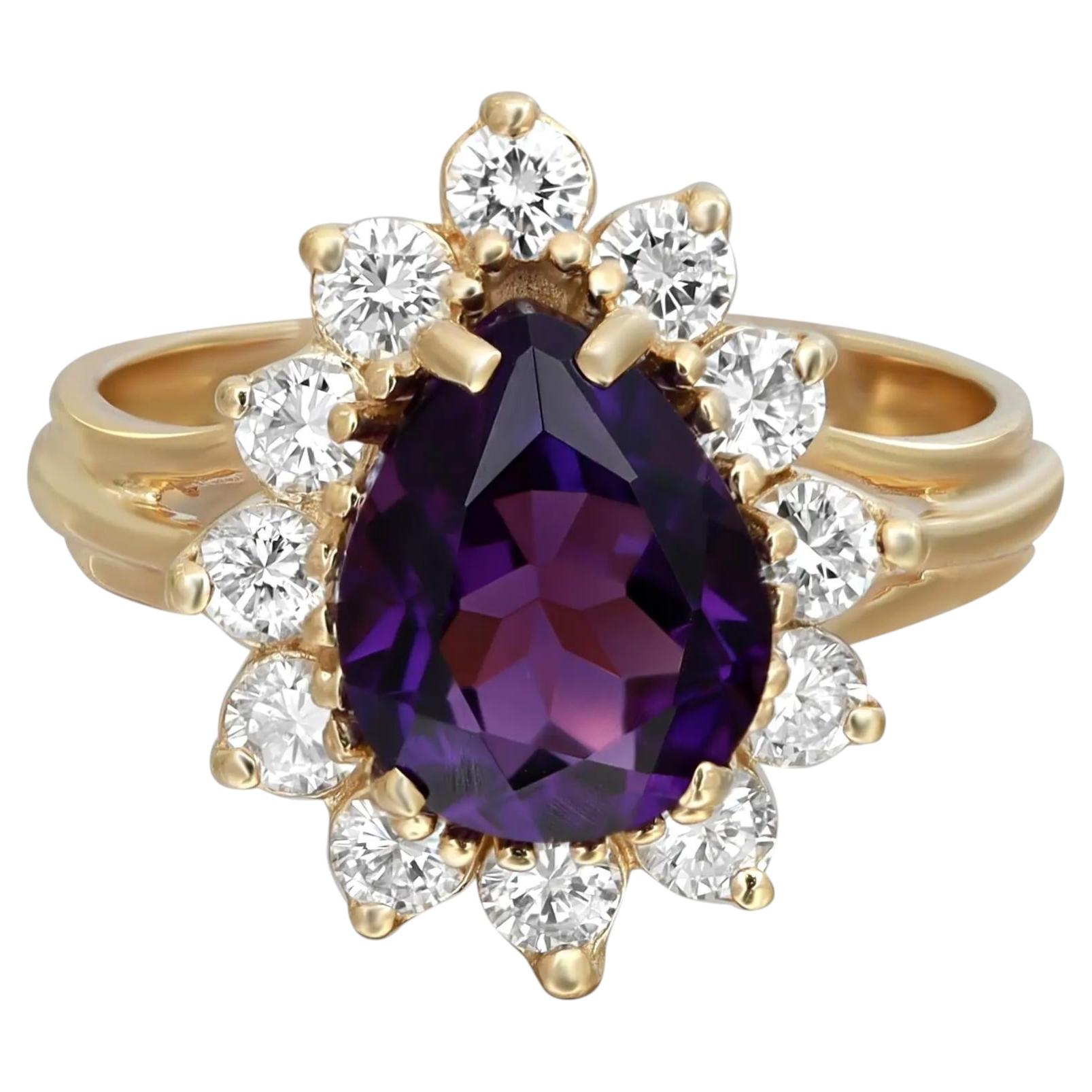 Amethyst & Round Cut Diamond Cocktail Ring 18K Yellow Gold Size 6.5