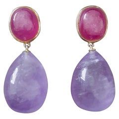 Amethyst Round Drops Ruby Cabochons 14 Karat Solid Yellow Gold Earrings