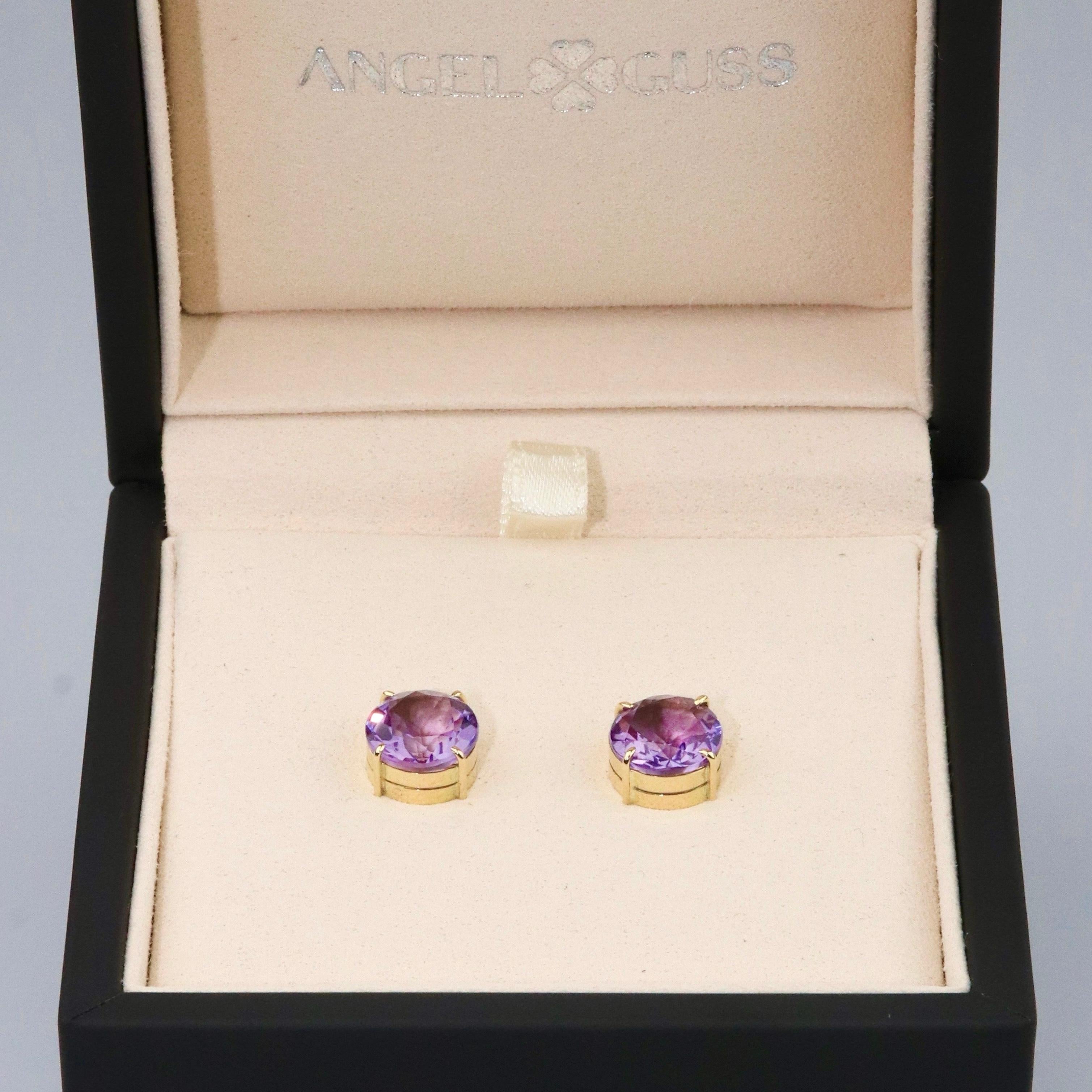 Amethyst Round Earrings  - 18K Solid Yellow Gold For Sale 4