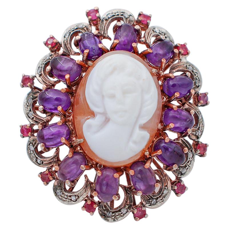 Amethyst, Rubies, Diamonds, Cameo, 9 Karat Rose Gold and Silver Ring For Sale