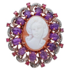 Retro Amethyst, Rubies, Diamonds, Cameo, 9 Karat Rose Gold and Silver Ring