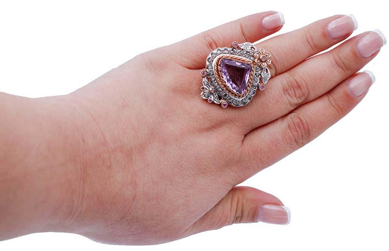 Amethyst, Rubies, Diamonds, Rose Gold and Silver Retrò Ring In Good Condition In Marcianise, Marcianise (CE)