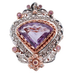 Amethyst, Rubies, Diamonds, Rose Gold and Silver Retrò Ring