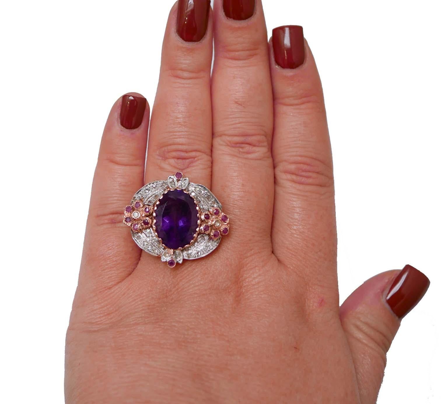 Amethyst, Rubies, Diamonds, Rose Gold and Silver Rinf. (Gemischter Schliff) im Angebot