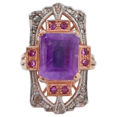 Amethyst, Rubies, Diamonds, Rose Gold and Silver Ring.