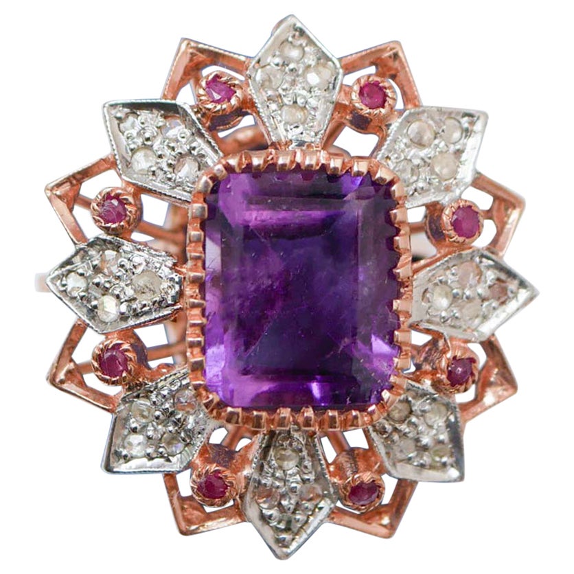Amethyst, Rubine, Diamanten, Rose Gold und Silber Ring. im Angebot