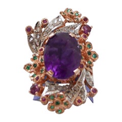 Vintage Amethyst, Rubies, Diamonds, Spinel, Rose Gold and Silver Ring.
