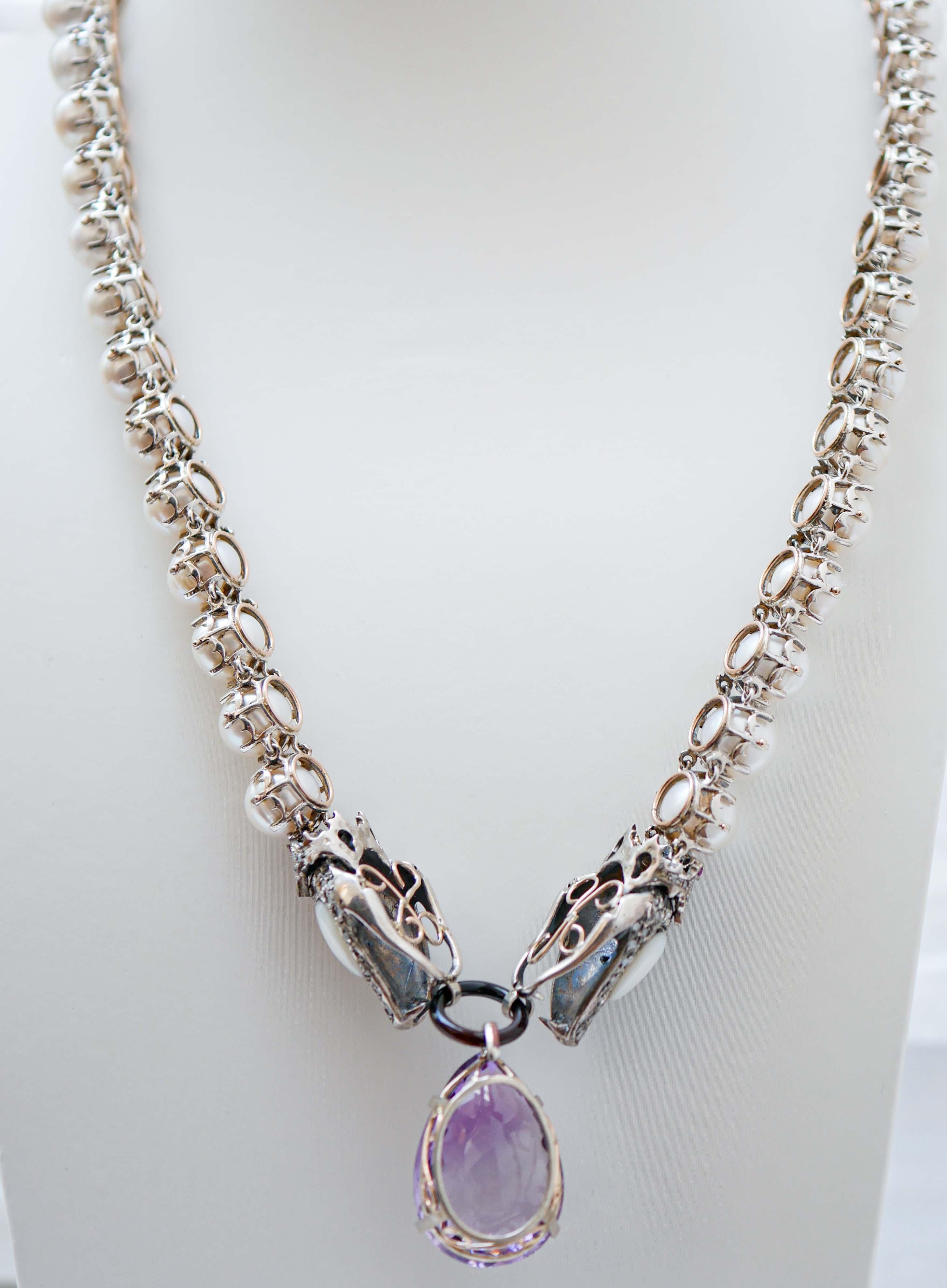 Retro Amethyst, Rubies, Pearls, White Stones, Diamonds, Rose Gold and Silver Necklace. For Sale