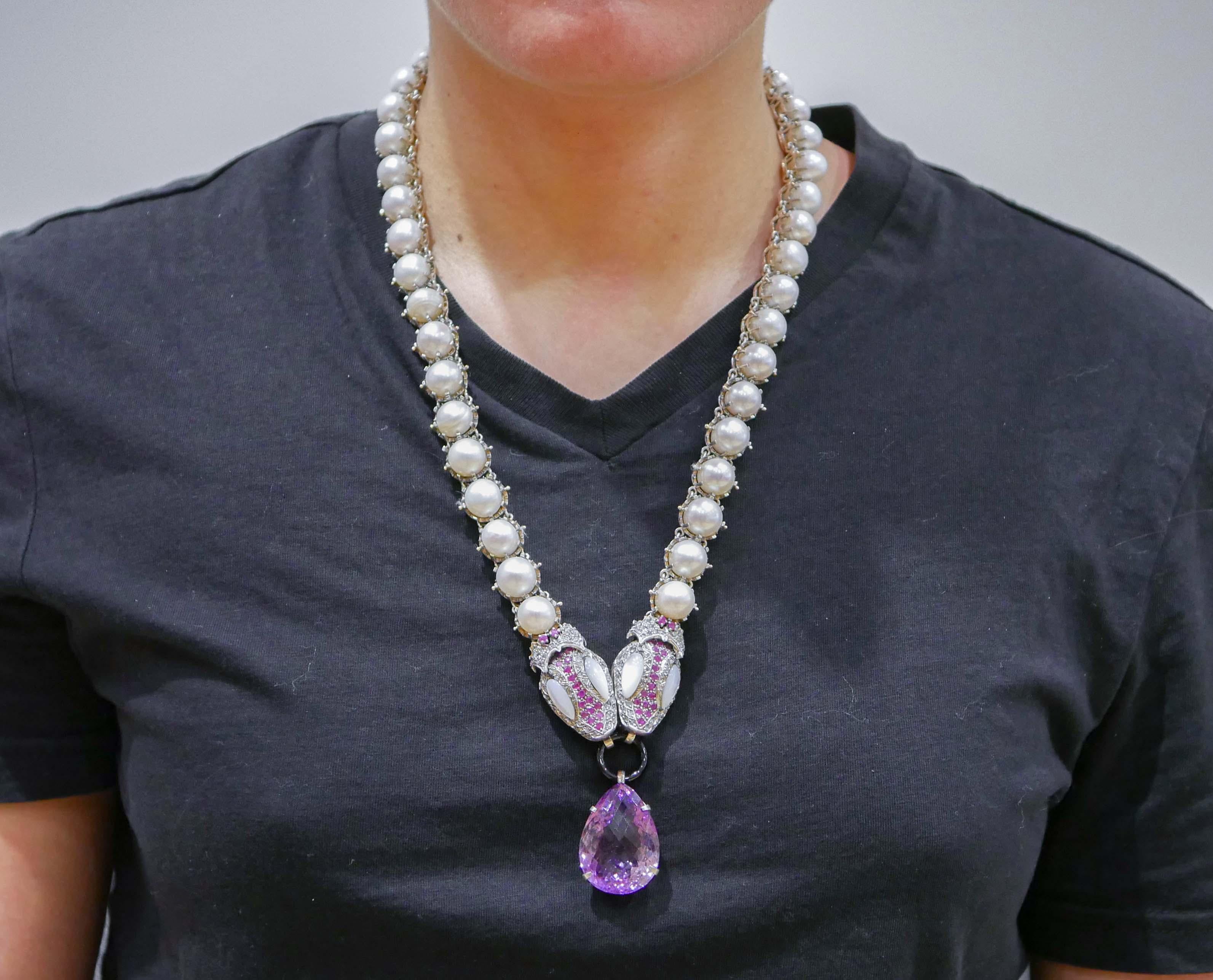 Mixed Cut Amethyst, Rubies, Pearls, White Stones, Diamonds, Rose Gold and Silver Necklace. For Sale