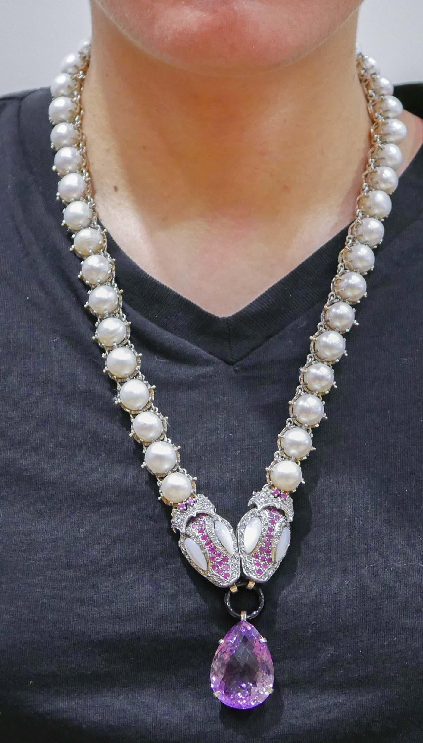 Halskette aus Roségold und Silber mit Amethyst, Rubinen, Perlen, weißen Steinen, Diamanten und Diamanten. im Zustand „Gut“ im Angebot in Marcianise, Marcianise (CE)