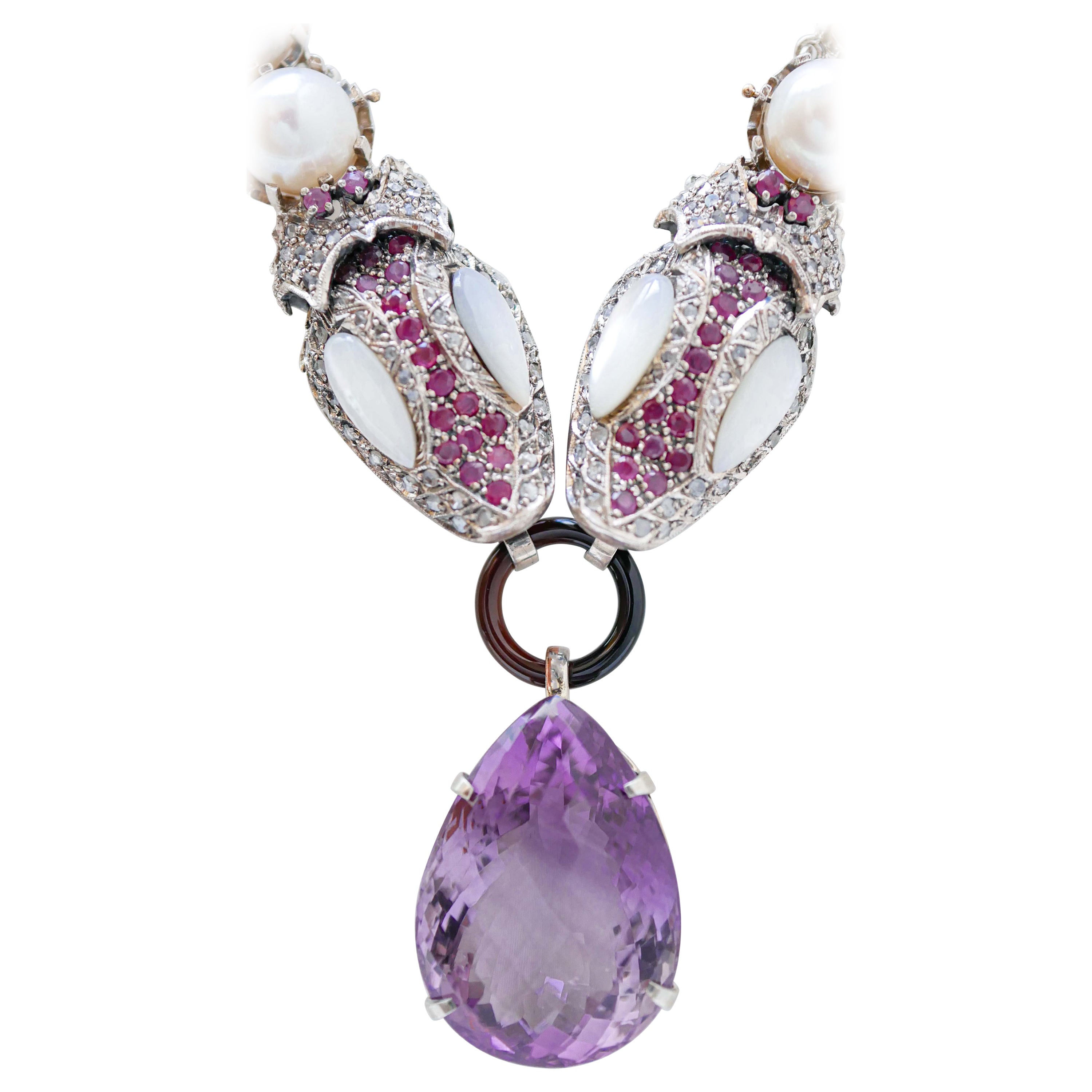 Collier en argent et améthyste, rubis, perles, pierres blanches, diamants