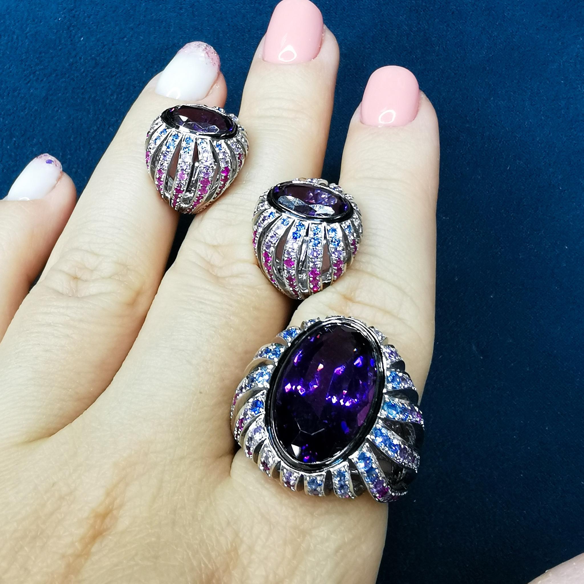 Contemporary Amethyst Rubies Sapphires 18 Karat White Gold New Age Suite For Sale
