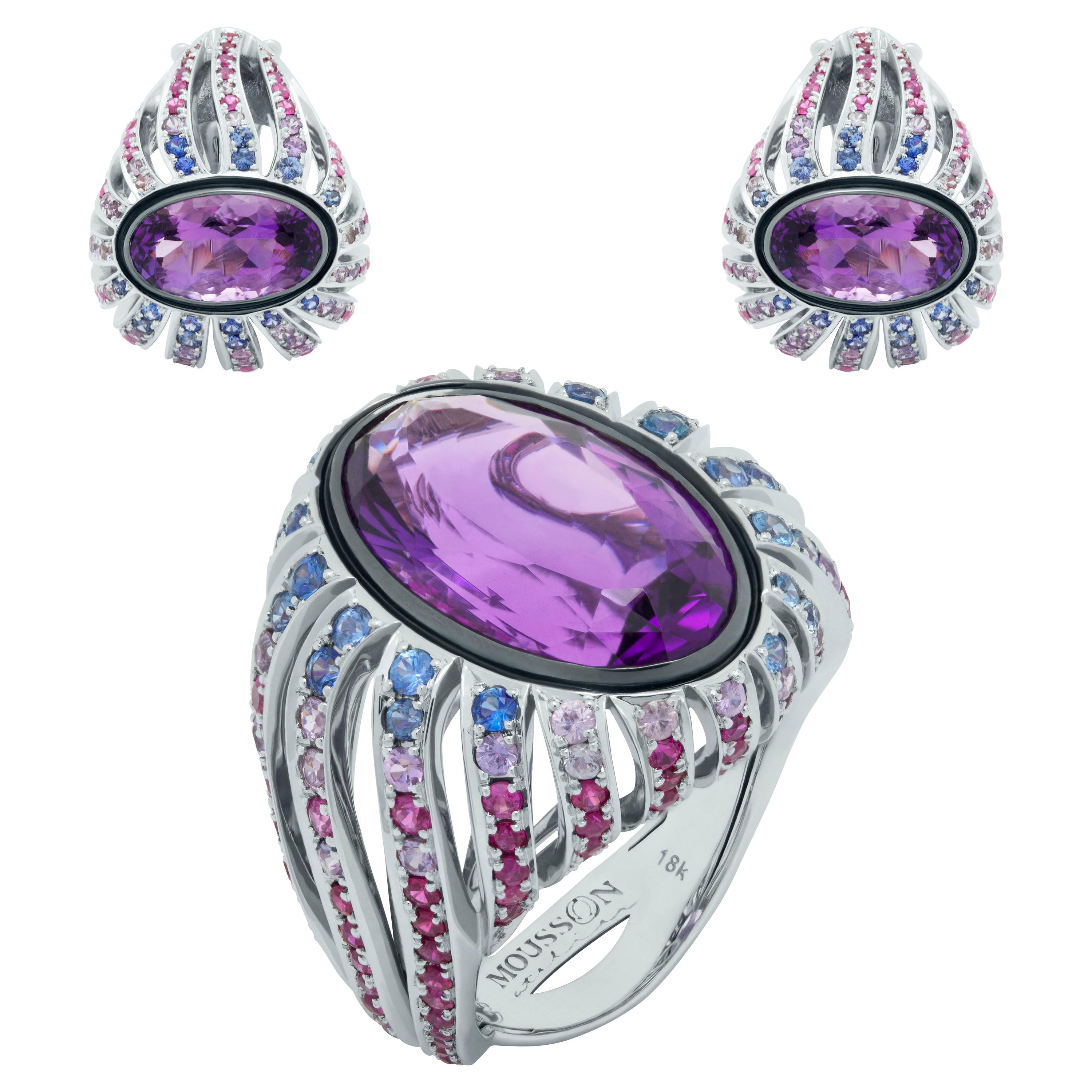 Amethyst Rubies Sapphires 18 Karat White Gold New Age Suite For Sale
