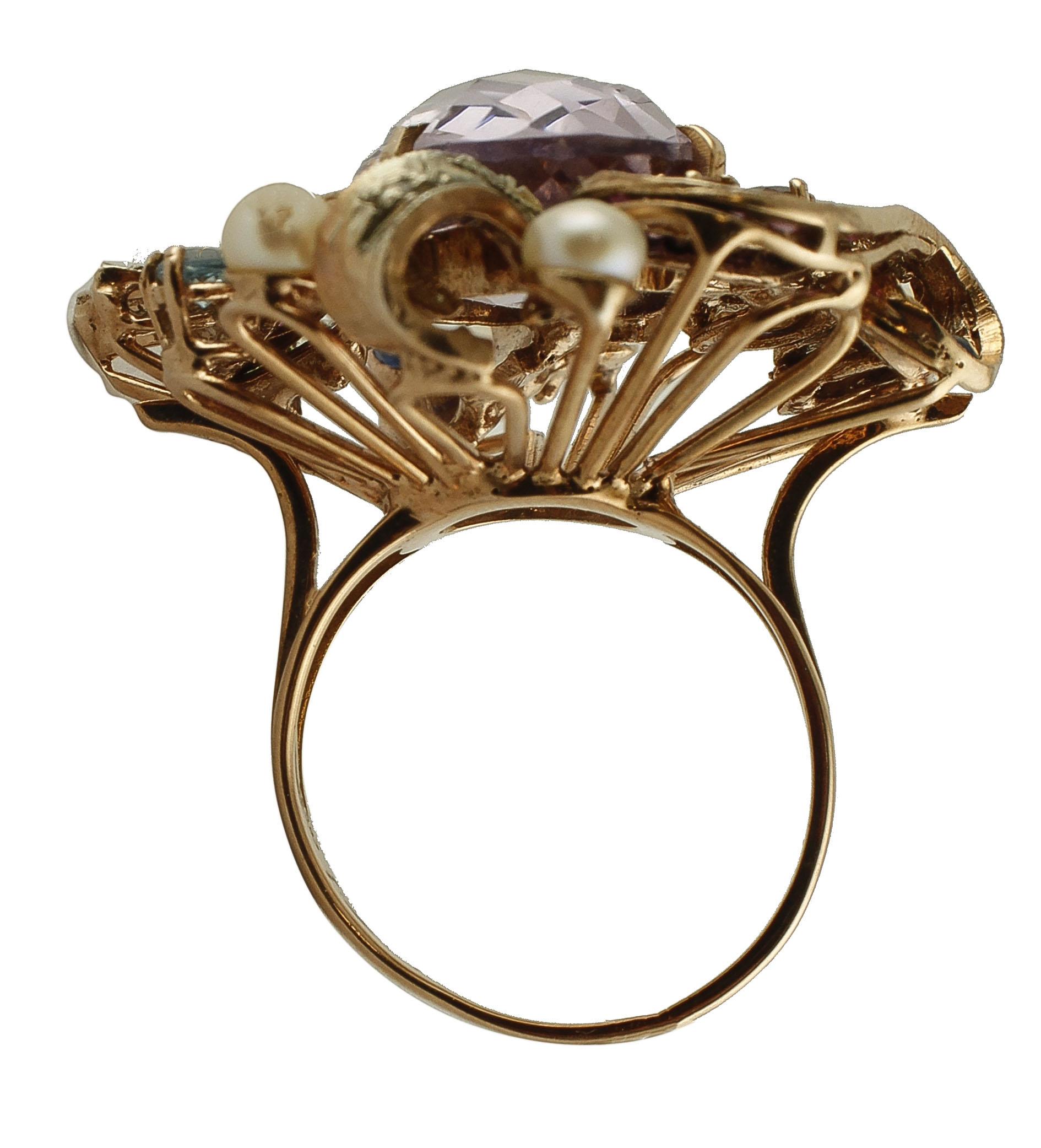 Mixed Cut Amethyst, Rubies, Sapphires, Pearls, 9 Karat Rose Gold and Silver Cocktail Ring For Sale