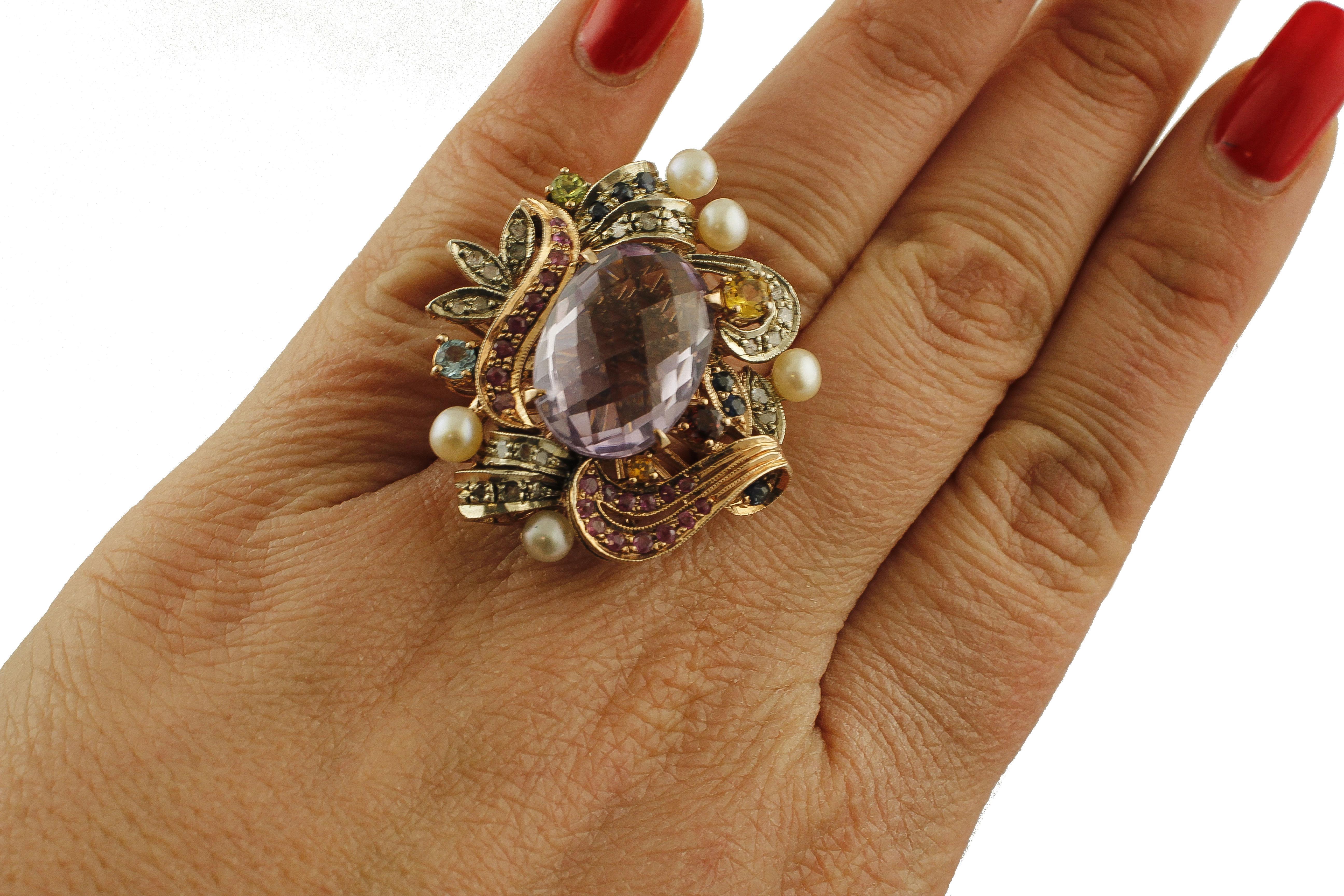 Amethyst, Rubies, Sapphires, Pearls, 9 Karat Rose Gold and Silver Cocktail Ring In Good Condition For Sale In Marcianise, Marcianise (CE)