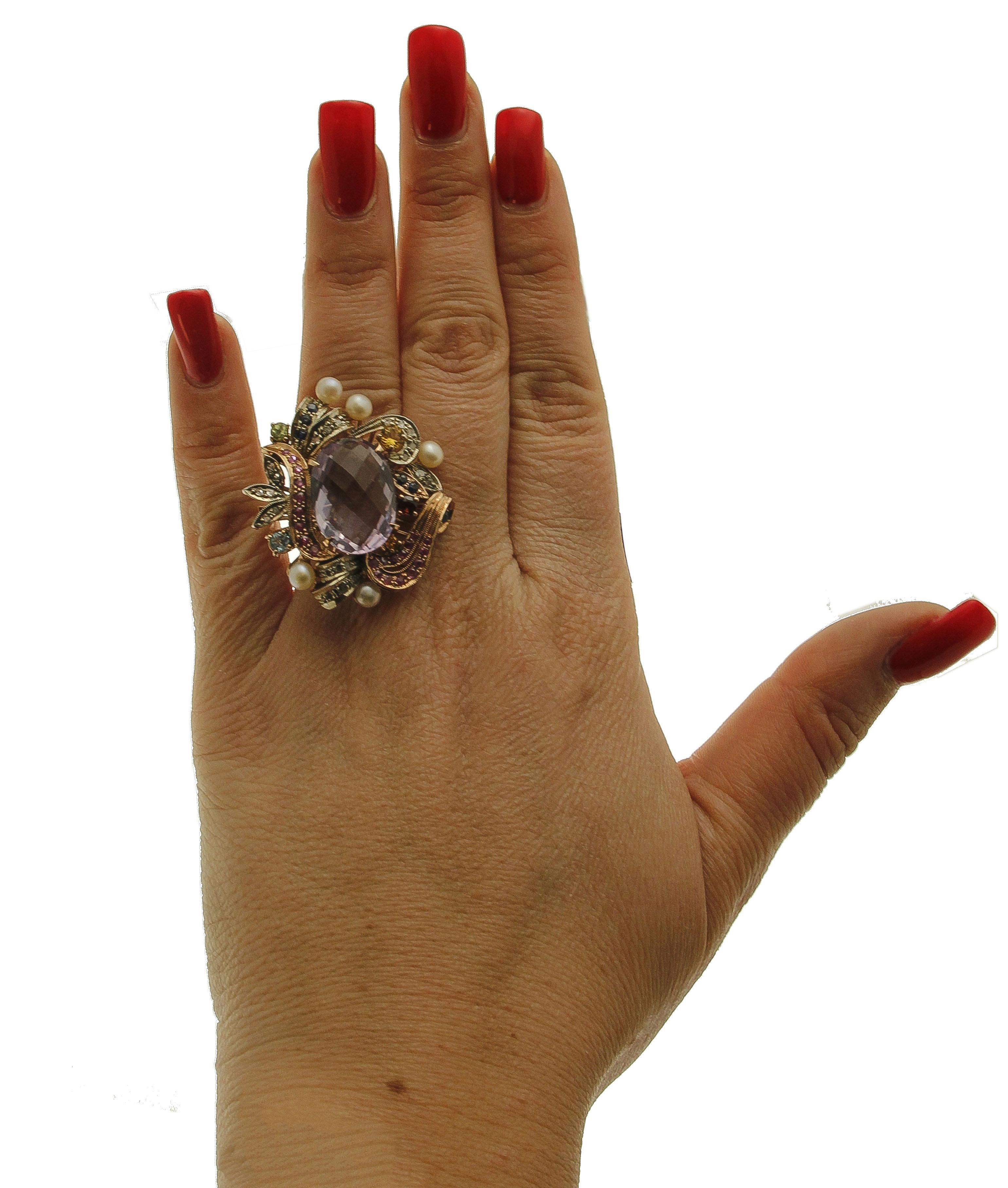 Women's Amethyst, Rubies, Sapphires, Pearls, 9 Karat Rose Gold and Silver Cocktail Ring For Sale