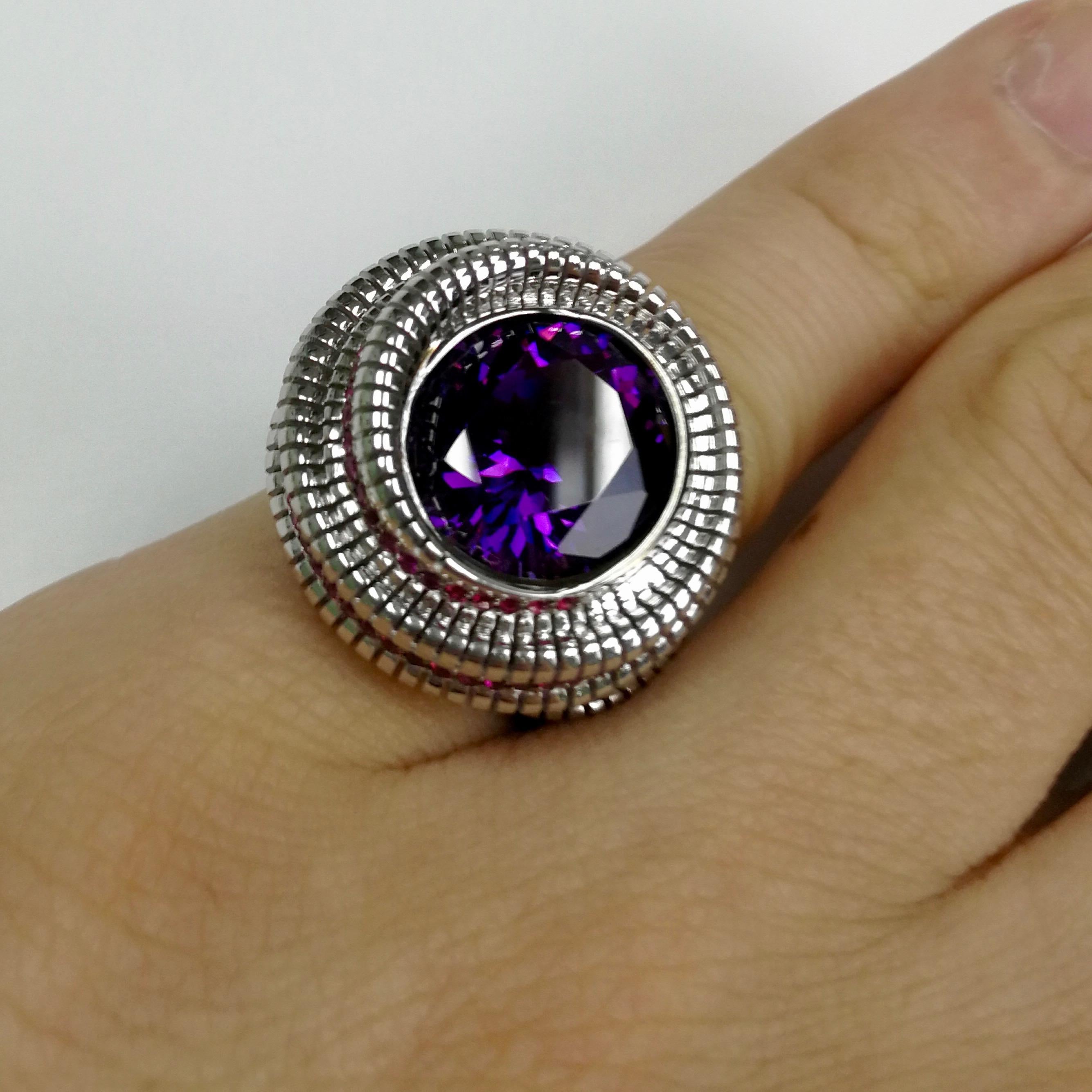 Round Cut Amethyst Ruby 18 Karat White Gold Ring For Sale