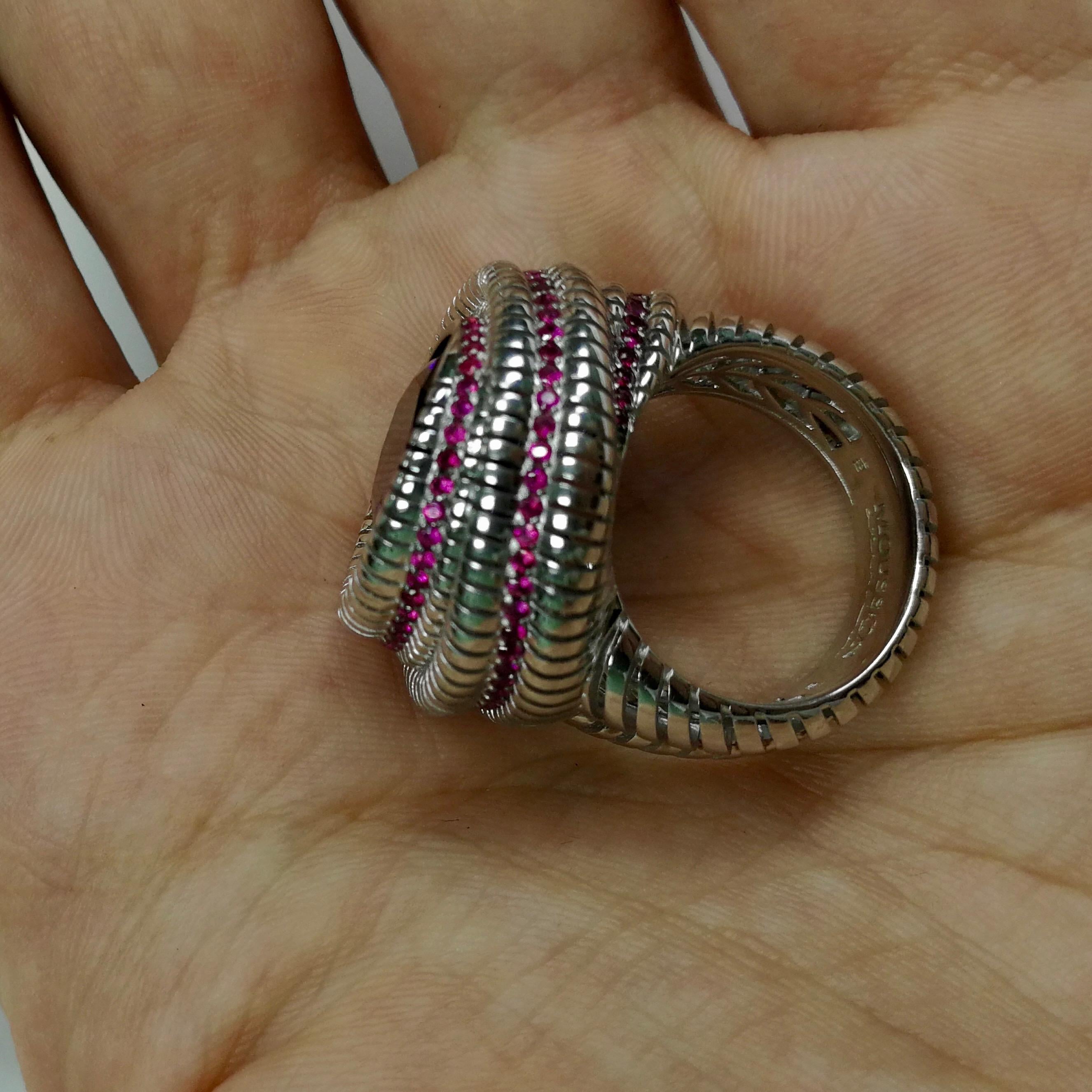 Women's or Men's Amethyst Ruby 18 Karat White Gold Ring For Sale