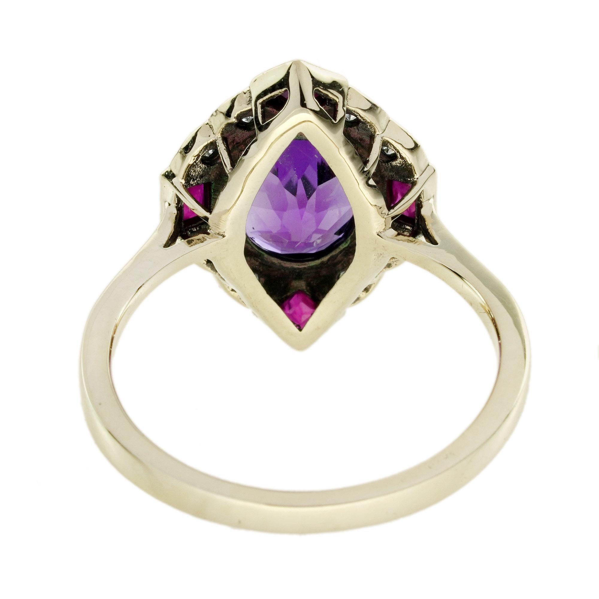 Bague Halo en or jaune 14K avec améthyste, rubis et diamant de style Art Déco en vente 4
