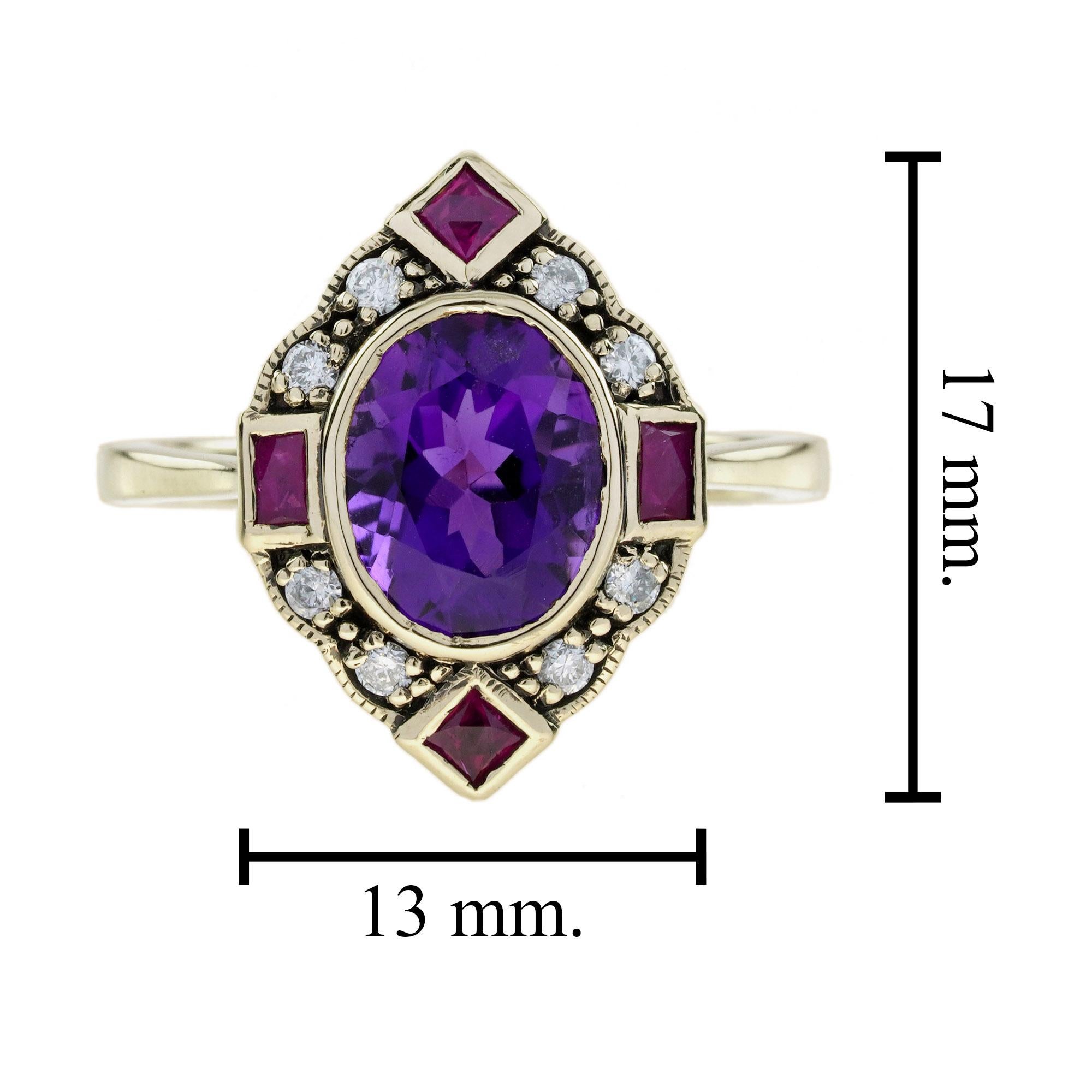 Bague Halo en or jaune 14K avec améthyste, rubis et diamant de style Art Déco en vente 6